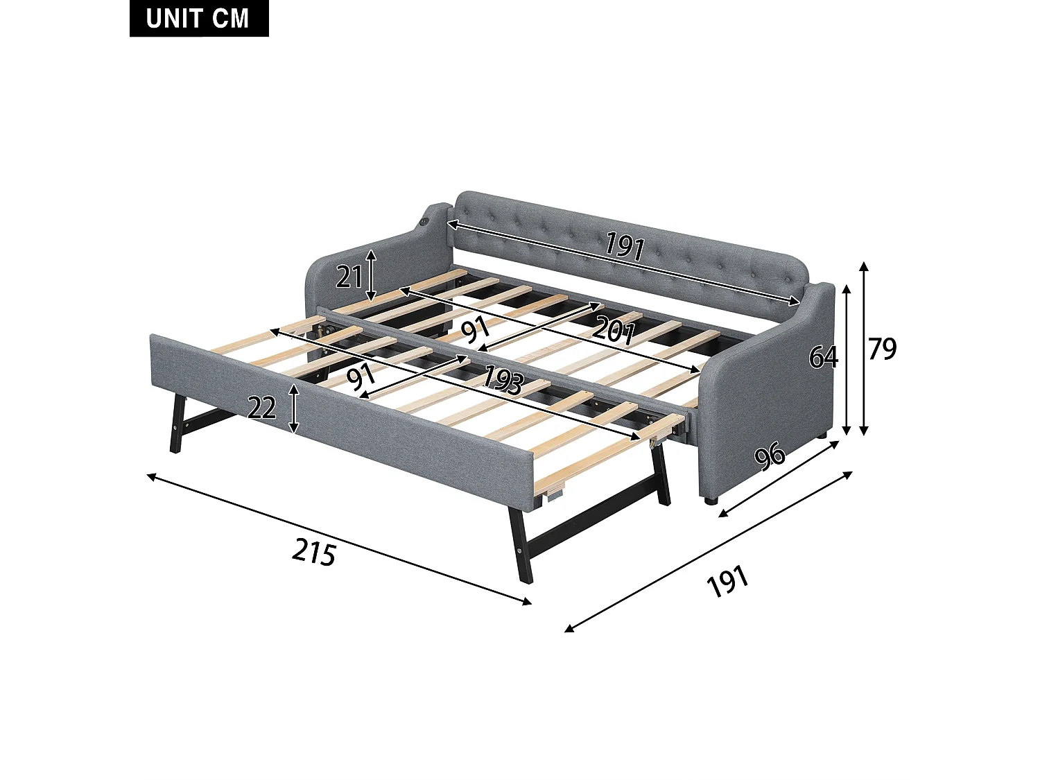 Lit 90 x 200 cm - Canapé-Lit avec Lit Gigogne Extensible et Prise USB - En Lin; MDF - Avec Pieds De Soutien, Sans Matelas - Gris - Modèle Oslo