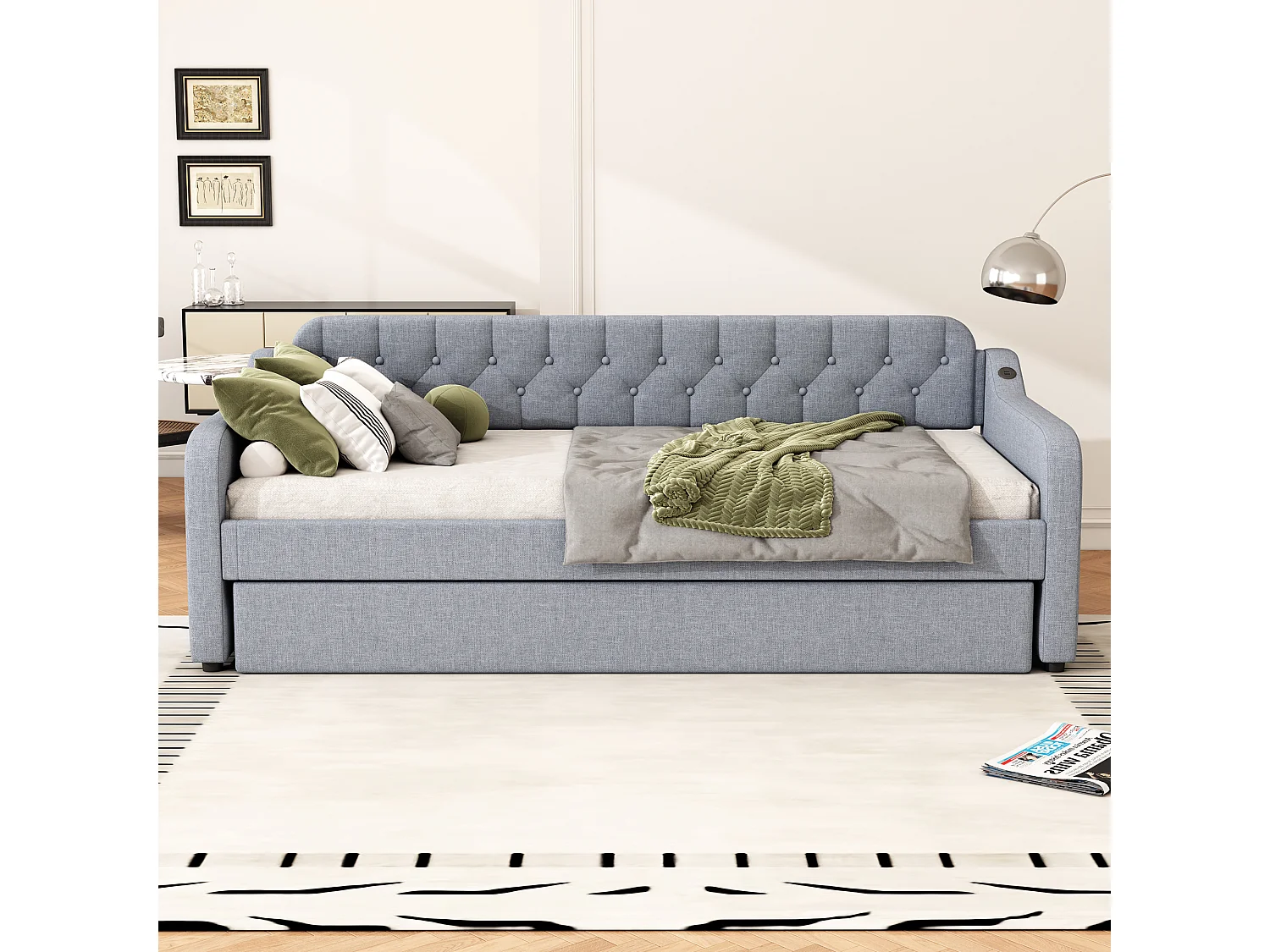Lit 90 x 200 cm - Canapé-Lit avec Lit Gigogne Extensible et Prise USB - En Lin; MDF - Avec Pieds De Soutien, Sans Matelas - Gris - Modèle Oslo