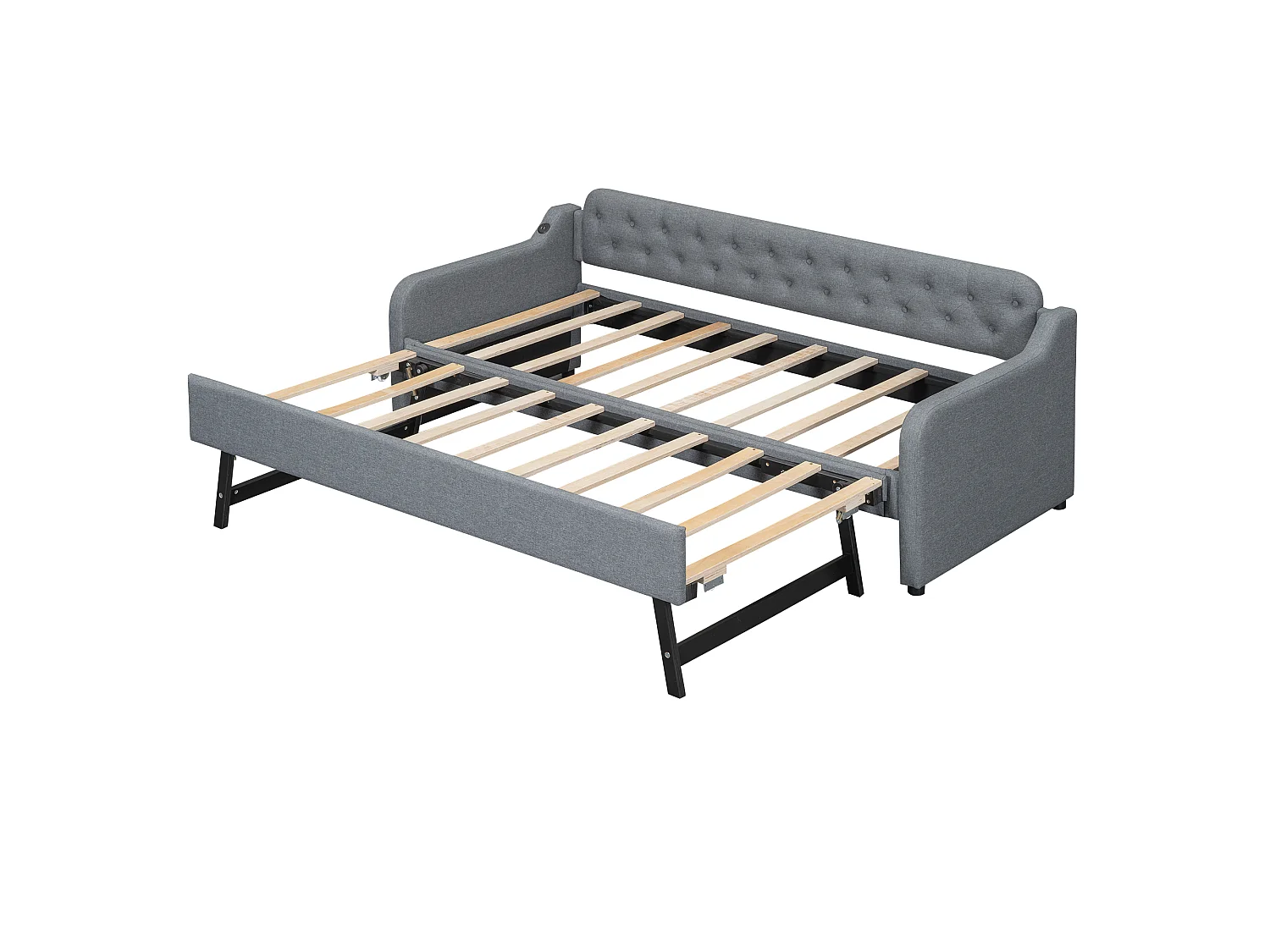 Lit 90 x 200 cm - Canapé-Lit avec Lit Gigogne Extensible et Prise USB - En Lin; MDF - Avec Pieds De Soutien, Sans Matelas - Gris - Modèle Oslo