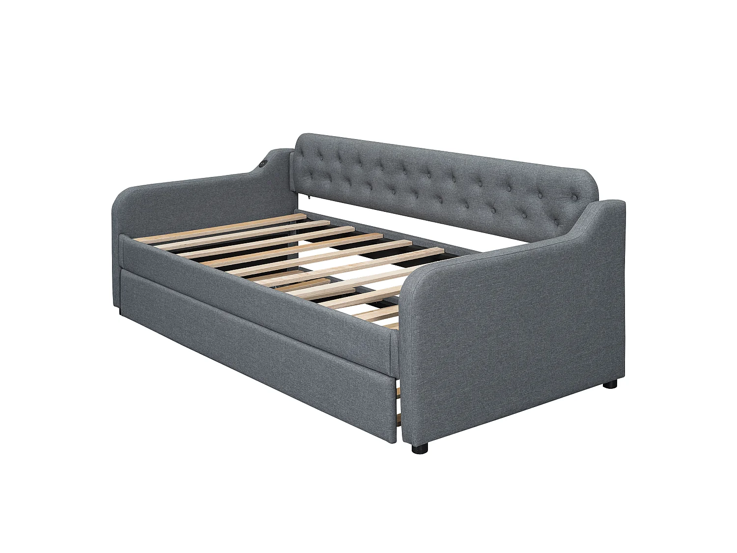 Lit 90 x 200 cm - Canapé-Lit avec Lit Gigogne Extensible et Prise USB - En Lin; MDF - Avec Pieds De Soutien, Sans Matelas - Gris - Modèle Oslo