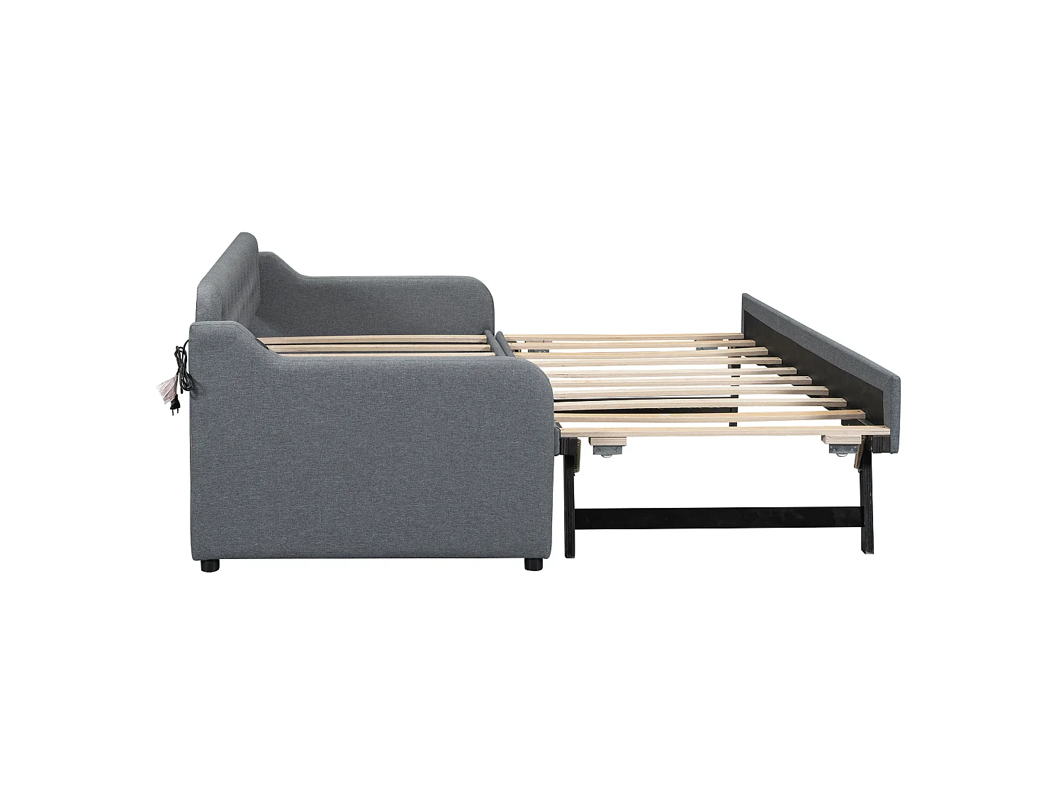 Lit 90 x 200 cm - Canapé-Lit avec Lit Gigogne Extensible et Prise USB - En Lin; MDF - Avec Pieds De Soutien, Sans Matelas - Gris - Modèle Oslo