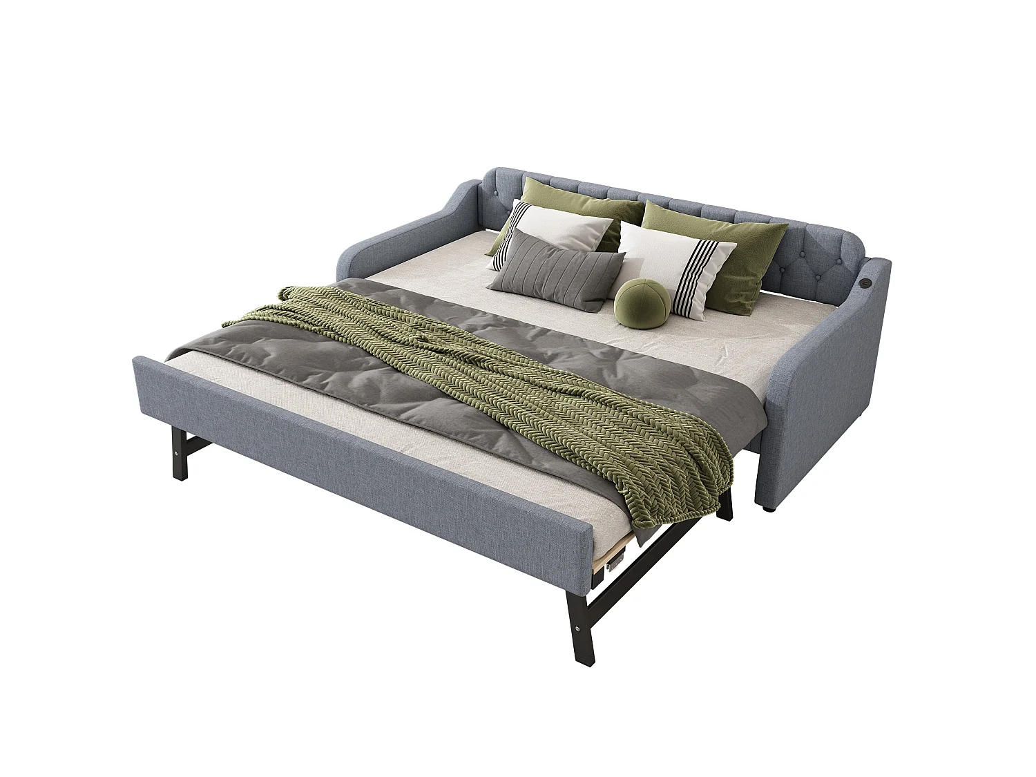 Lit 90 x 200 cm - Canapé-Lit avec Lit Gigogne Extensible et Prise USB - En Lin; MDF - Avec Pieds De Soutien, Sans Matelas - Gris - Modèle Oslo