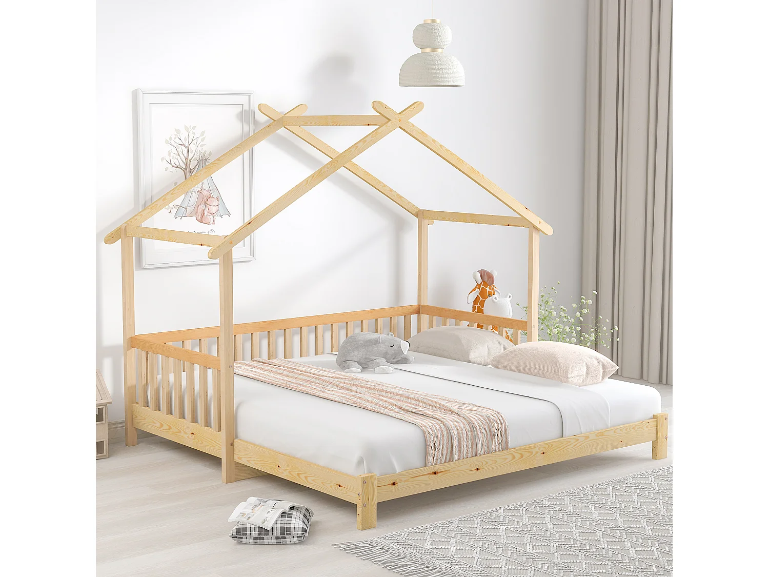 Lit Enfants 90 x 200 cm / 180 x 200 cm - Lit Maison Extensible - En Bois Massif Pin - Barrière 3 Côtés - Sans Matelas - Naturel