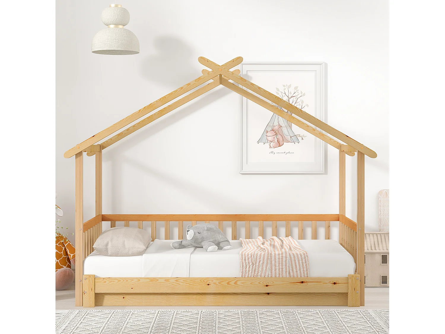 Lit Enfants 90 x 200 cm / 180 x 200 cm - Lit Maison Extensible - En Bois Massif Pin - Barrière 3 Côtés - Sans Matelas - Naturel