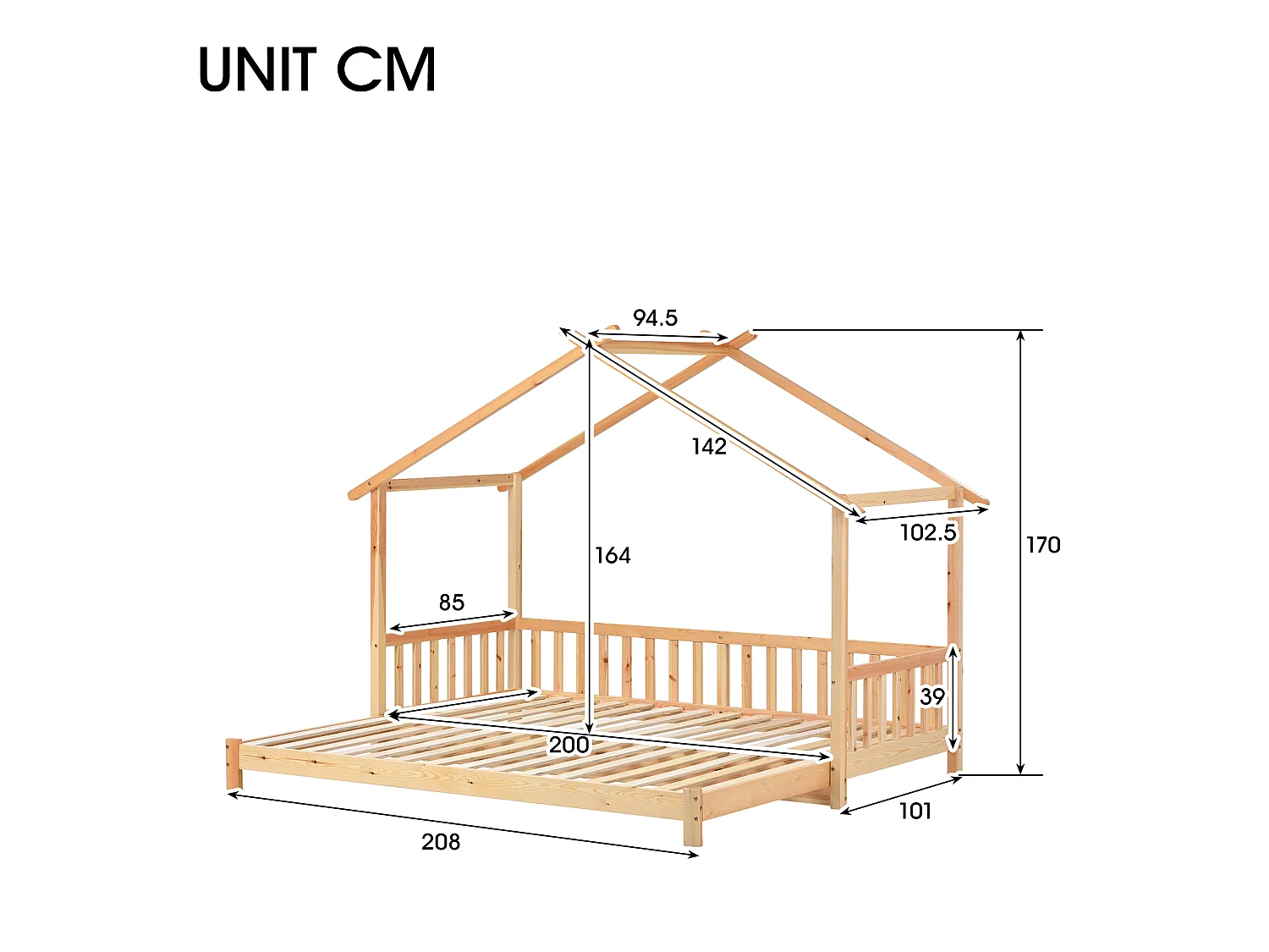 Lit Enfants 90 x 200 cm / 180 x 200 cm - Lit Maison Extensible - En Bois Massif Pin - Barrière 3 Côtés - Sans Matelas - Naturel