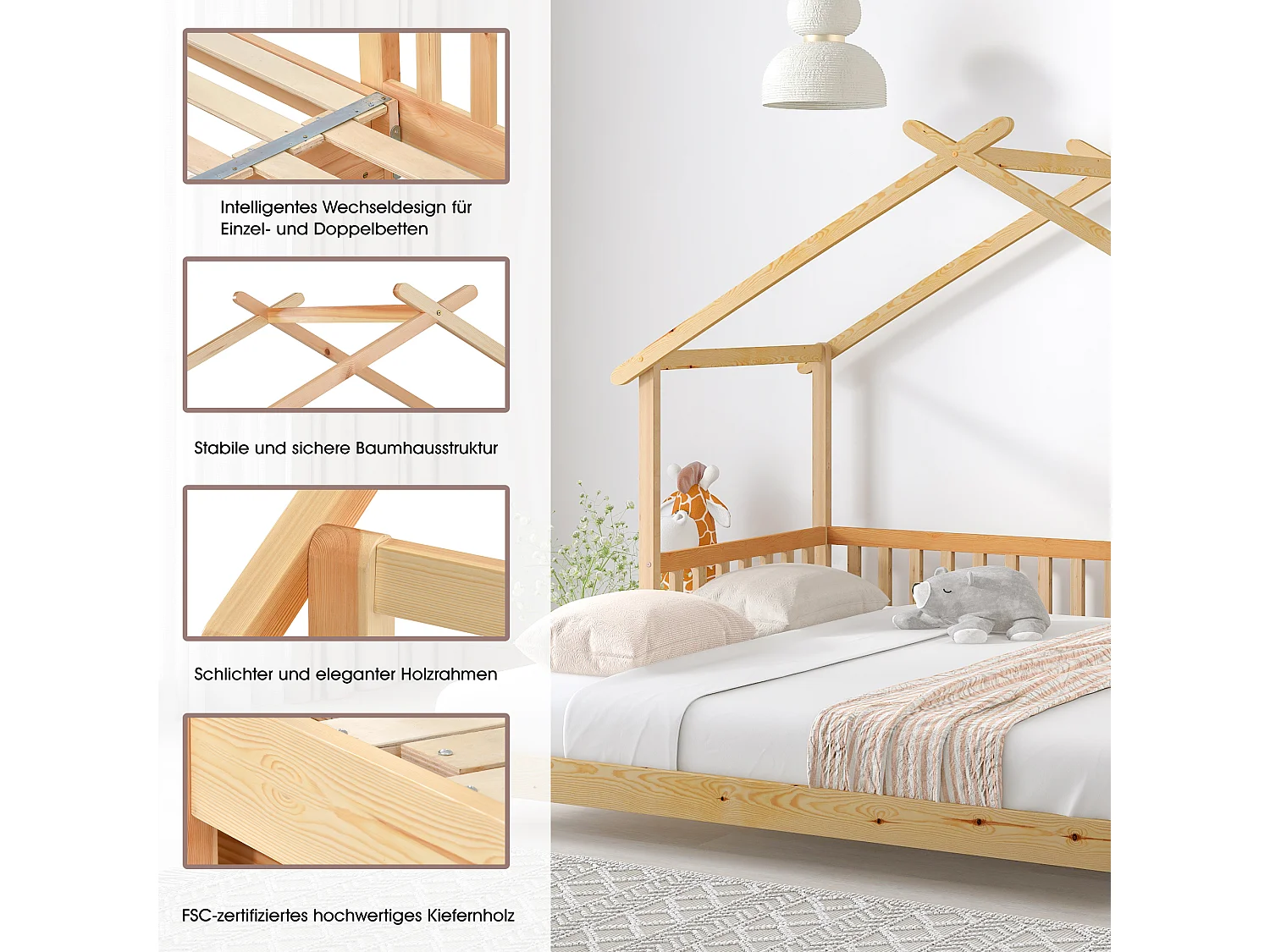 Lit Enfants 90 x 200 cm / 180 x 200 cm - Lit Maison Extensible - En Bois Massif Pin - Barrière 3 Côtés - Sans Matelas - Naturel