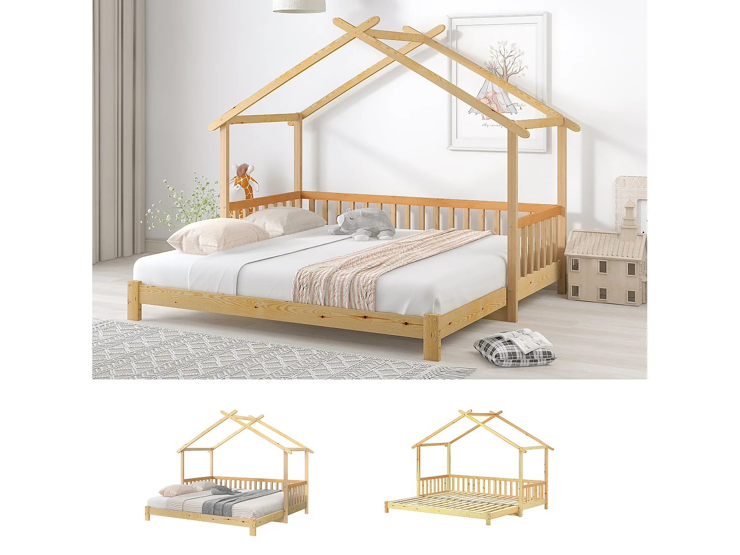 Lit Enfants 90 x 200 cm / 180 x 200 cm - Lit Maison Extensible - En Bois Massif Pin - Barrière 3 Côtés - Sans Matelas - Naturel