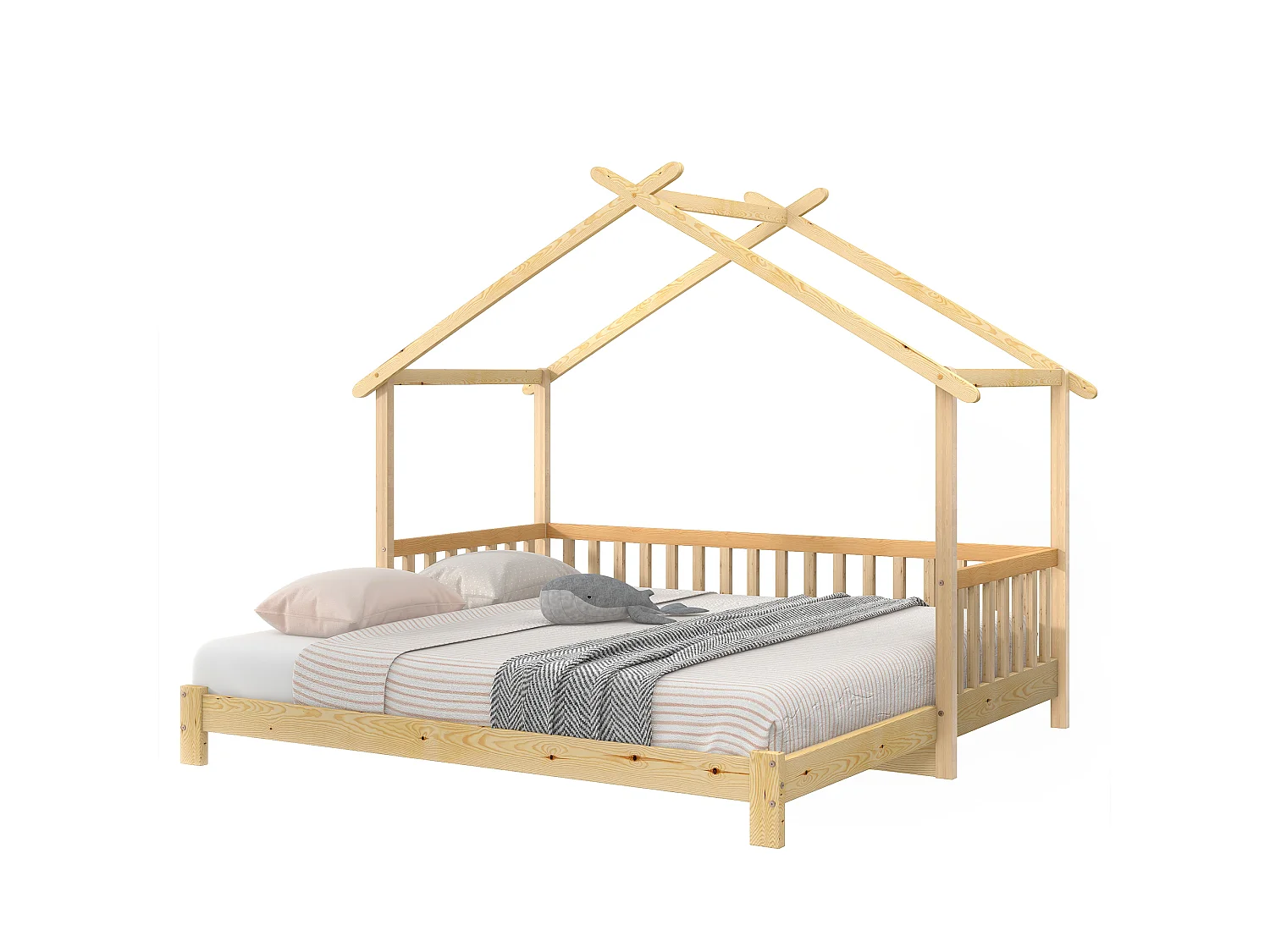 Lit Enfants 90 x 200 cm / 180 x 200 cm - Lit Maison Extensible - En Bois Massif Pin - Barrière 3 Côtés - Sans Matelas - Naturel