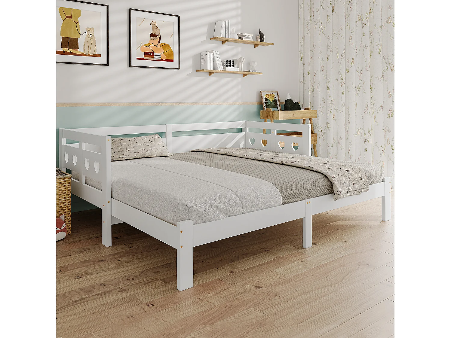 Lit 90 x 200 cm - Lit d'appoint extensible Avec 2 Couchages Et Rangement Sous Lit 17.6 cm - En Pin Massif + MDF - Sans Matelas - Blanc