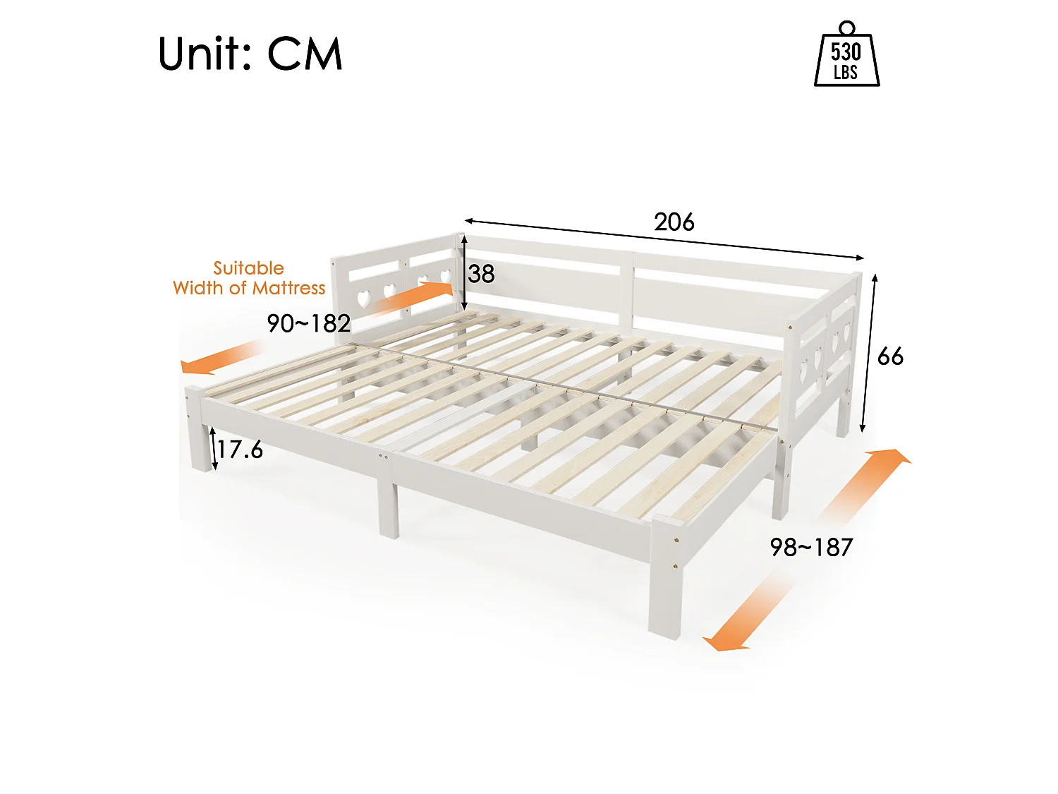 Lit 90 x 200 cm - Lit d'appoint extensible Avec 2 Couchages Et Rangement Sous Lit 17.6 cm - En Pin Massif + MDF - Sans Matelas - Blanc