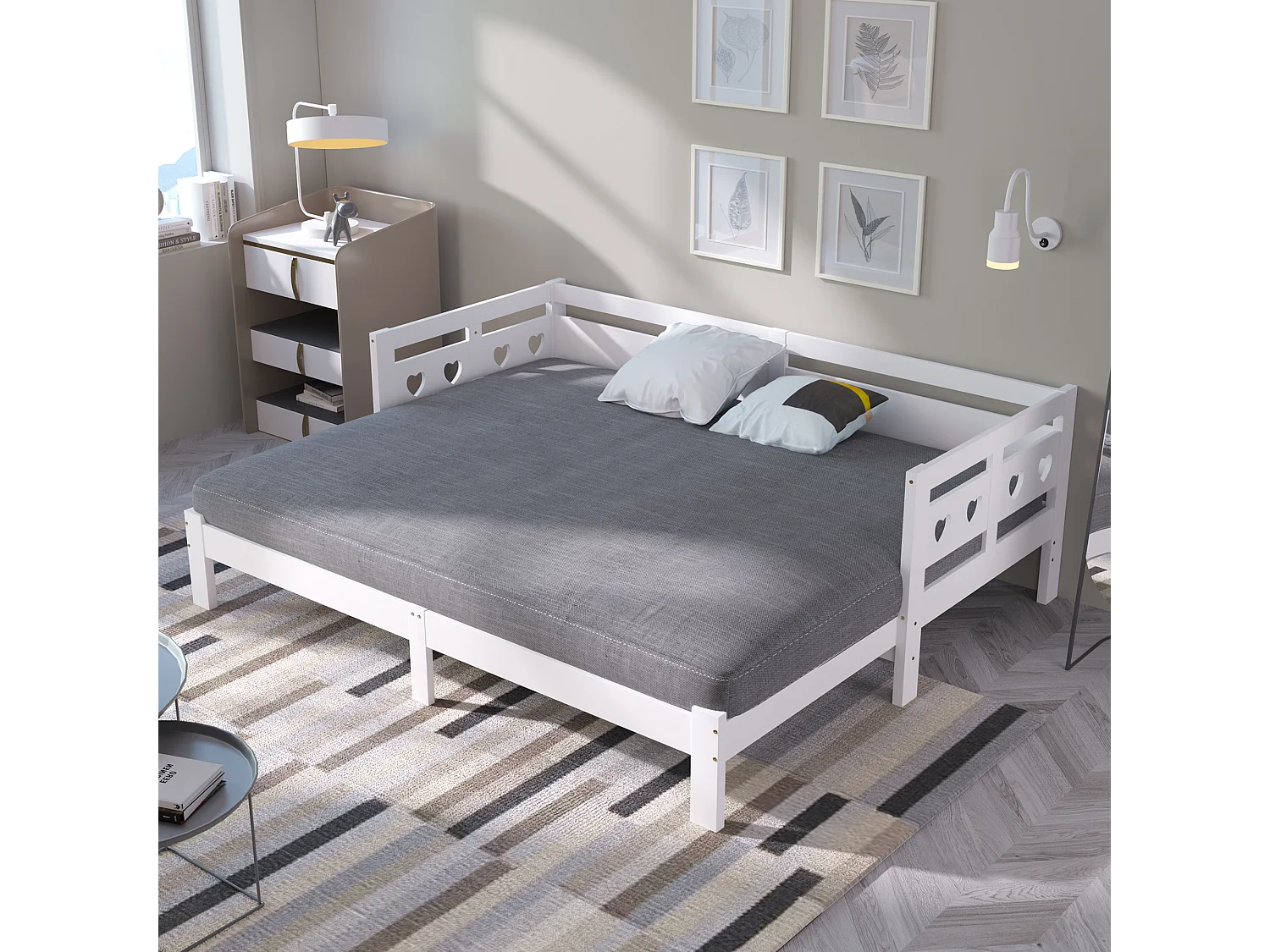 Lit 90 x 200 cm - Lit d'appoint extensible Avec 2 Couchages Et Rangement Sous Lit 17.6 cm - En Pin Massif + MDF - Sans Matelas - Blanc