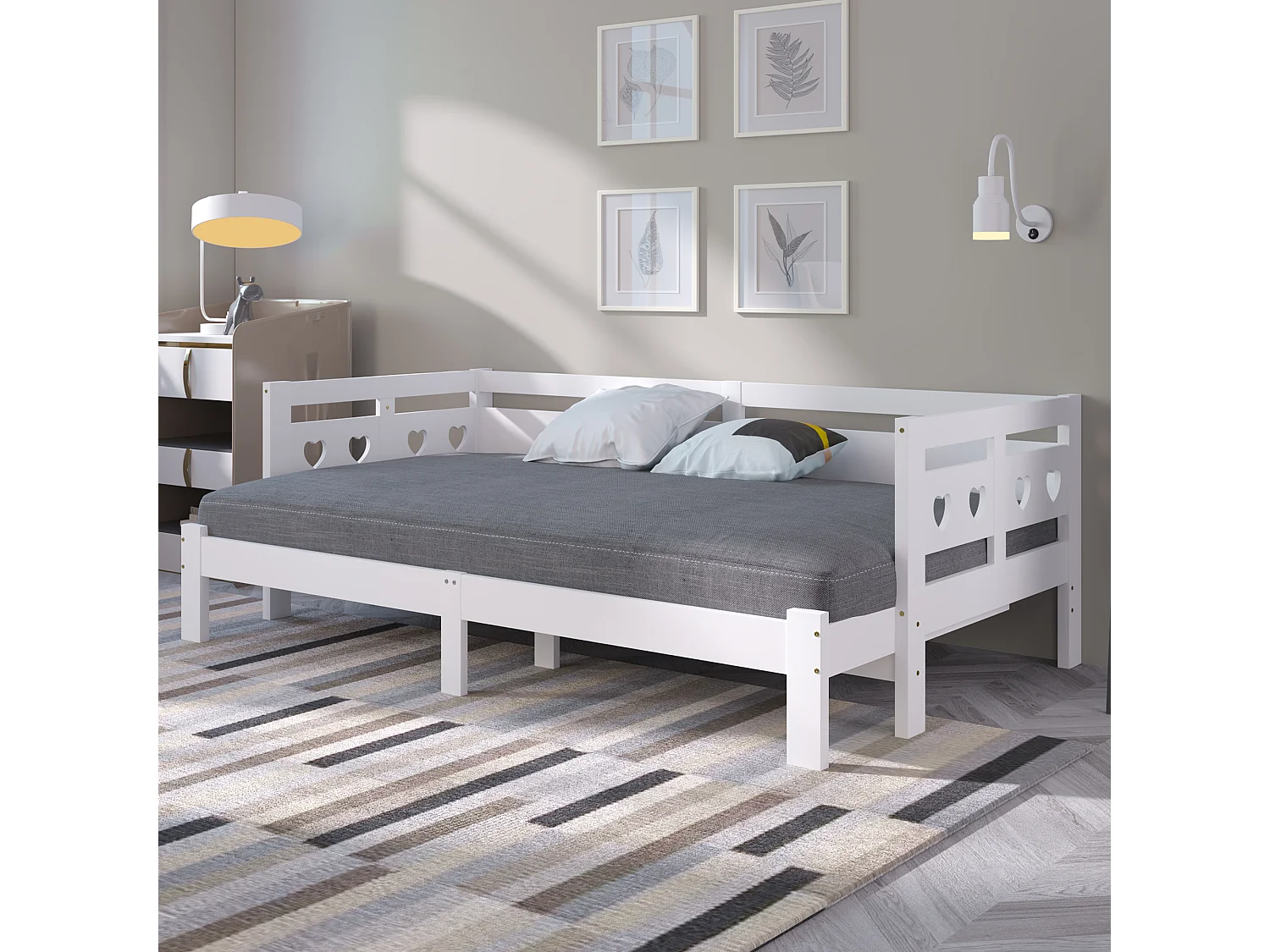 Lit 90 x 200 cm - Lit d'appoint extensible Avec 2 Couchages Et Rangement Sous Lit 17.6 cm - En Pin Massif + MDF - Sans Matelas - Blanc