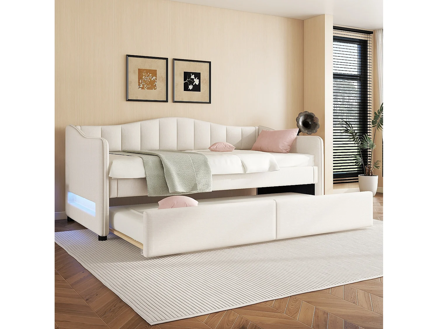 Lit d'appoint 90 x 200 cm - Lit gigogne extensible avec éclairage LED pilotable - En Lin+MDF - Sans matelas - Beige - Modèle Lina