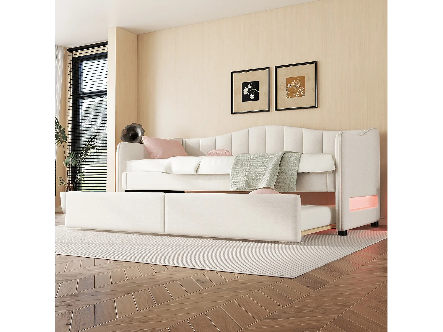 Lit d'appoint 90 x 200 cm - Lit gigogne extensible avec éclairage LED pilotable - En Lin+MDF - Sans matelas - Beige - Modèle Lina