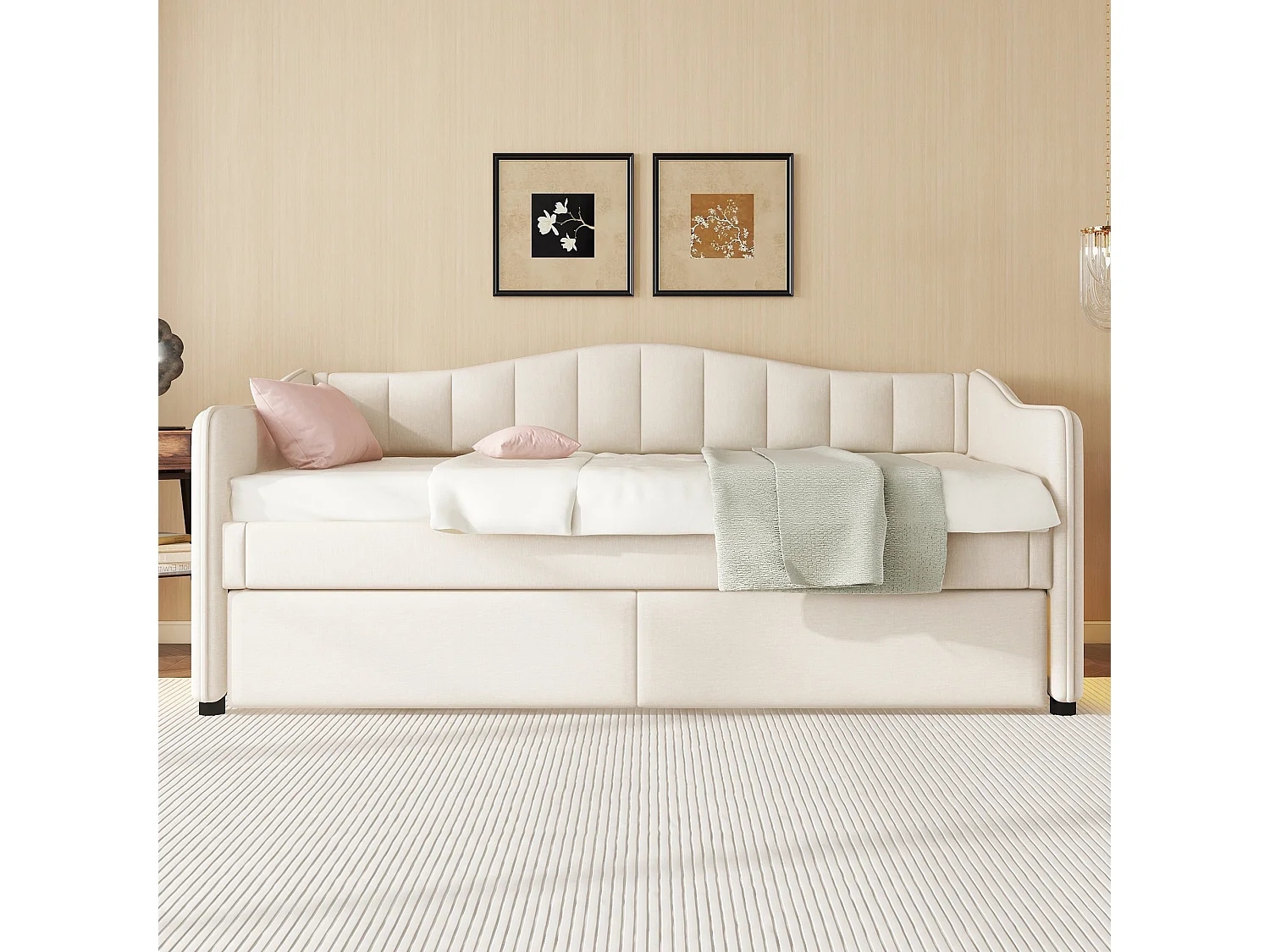 Lit d'appoint 90 x 200 cm - Lit gigogne extensible avec éclairage LED pilotable - En Lin+MDF - Sans matelas - Beige - Modèle Lina