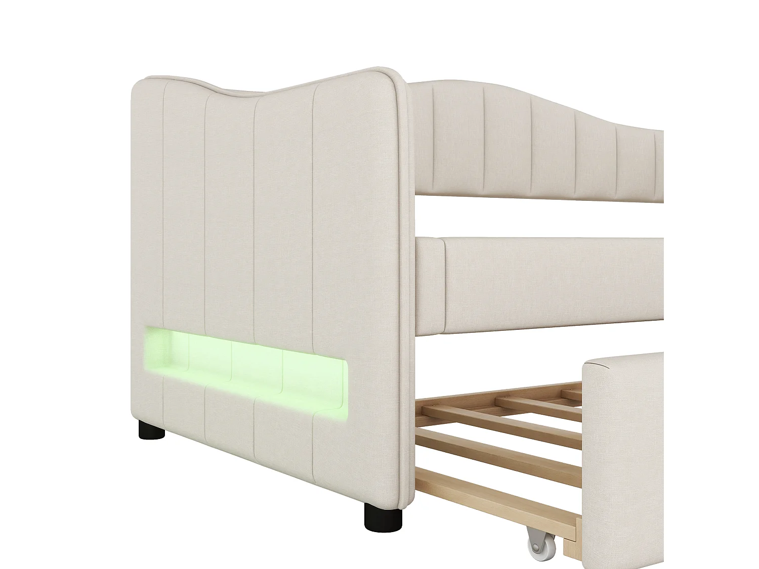 Lit d'appoint 90 x 200 cm - Lit gigogne extensible avec éclairage LED pilotable - En Lin+MDF - Sans matelas - Beige - Modèle Lina