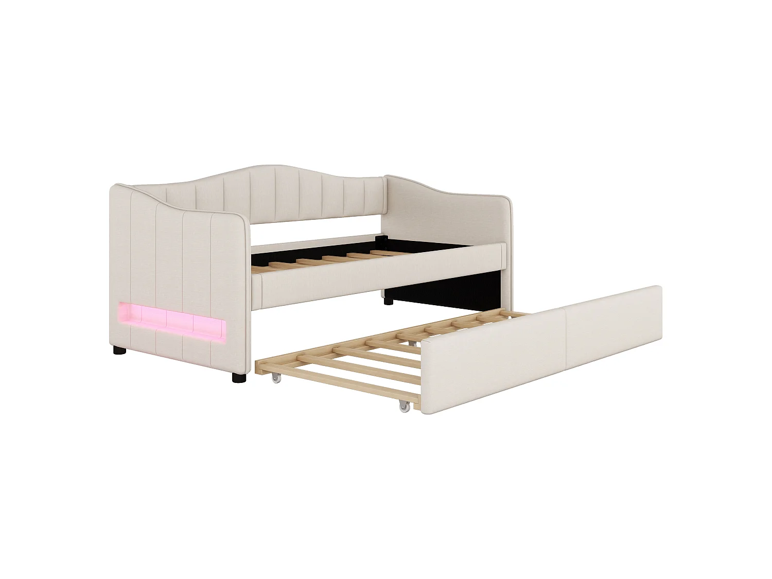 Lit d'appoint 90 x 200 cm - Lit gigogne extensible avec éclairage LED pilotable - En Lin+MDF - Sans matelas - Beige - Modèle Lina