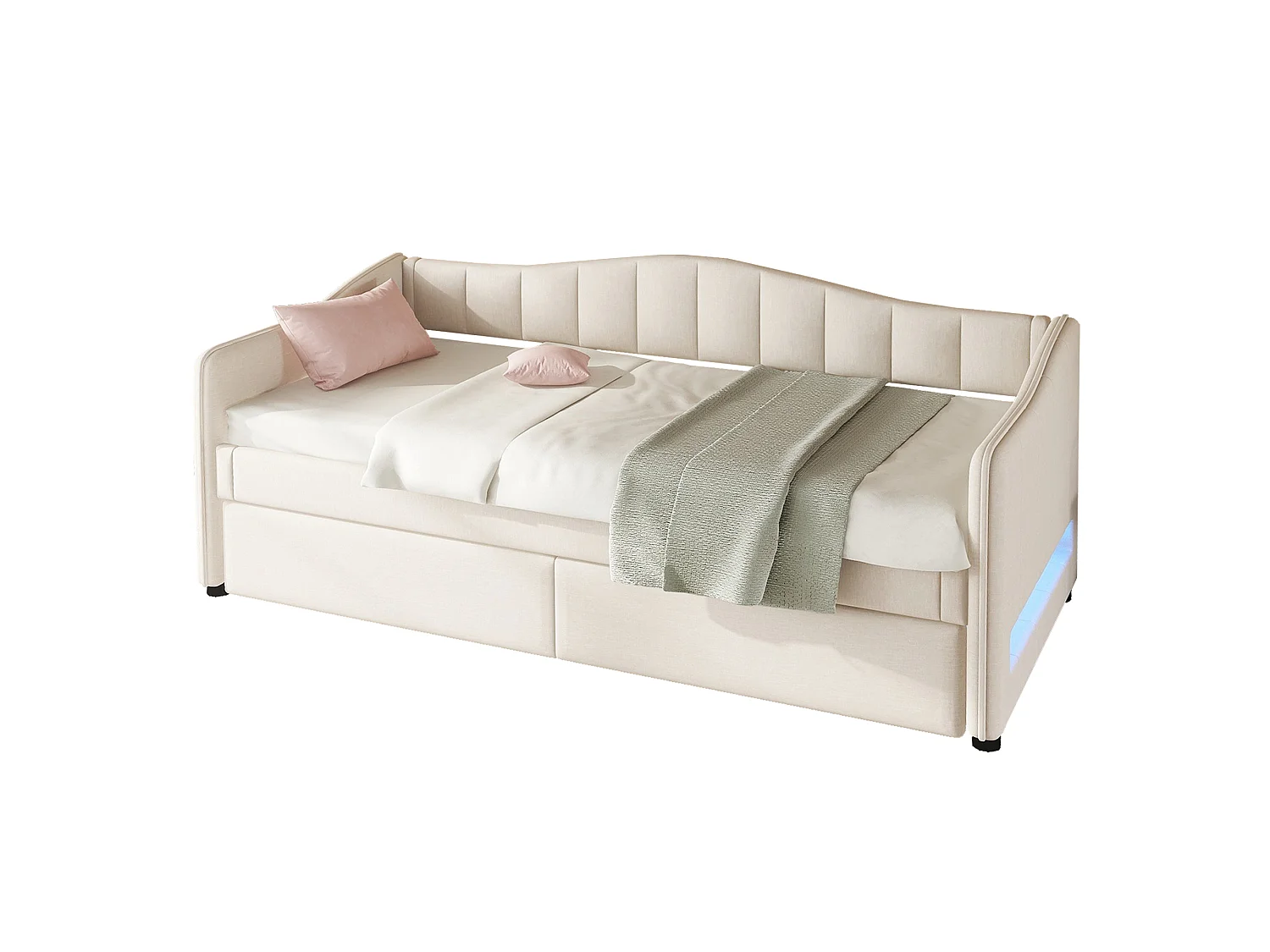 Lit d'appoint 90 x 200 cm - Lit gigogne extensible avec éclairage LED pilotable - En Lin+MDF - Sans matelas - Beige - Modèle Lina