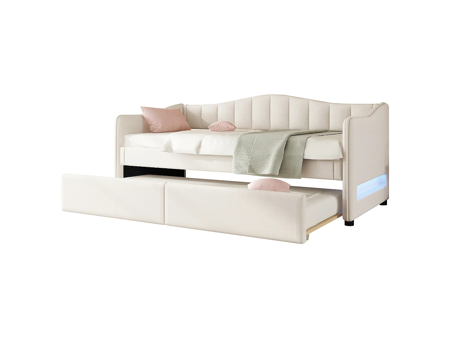 Lit d'appoint 90 x 200 cm - Lit gigogne extensible avec éclairage LED pilotable - En Lin+MDF - Sans matelas - Beige - Modèle Lina