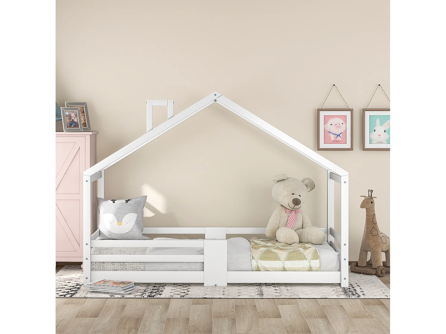 Lit Enfants 90 x 200 cm - Maison En Bois Massif - Avec Sommier 15 Lattes Et Garde-Corps 4 Faces - Sans Matelas - Avec Cheminée - Blanc