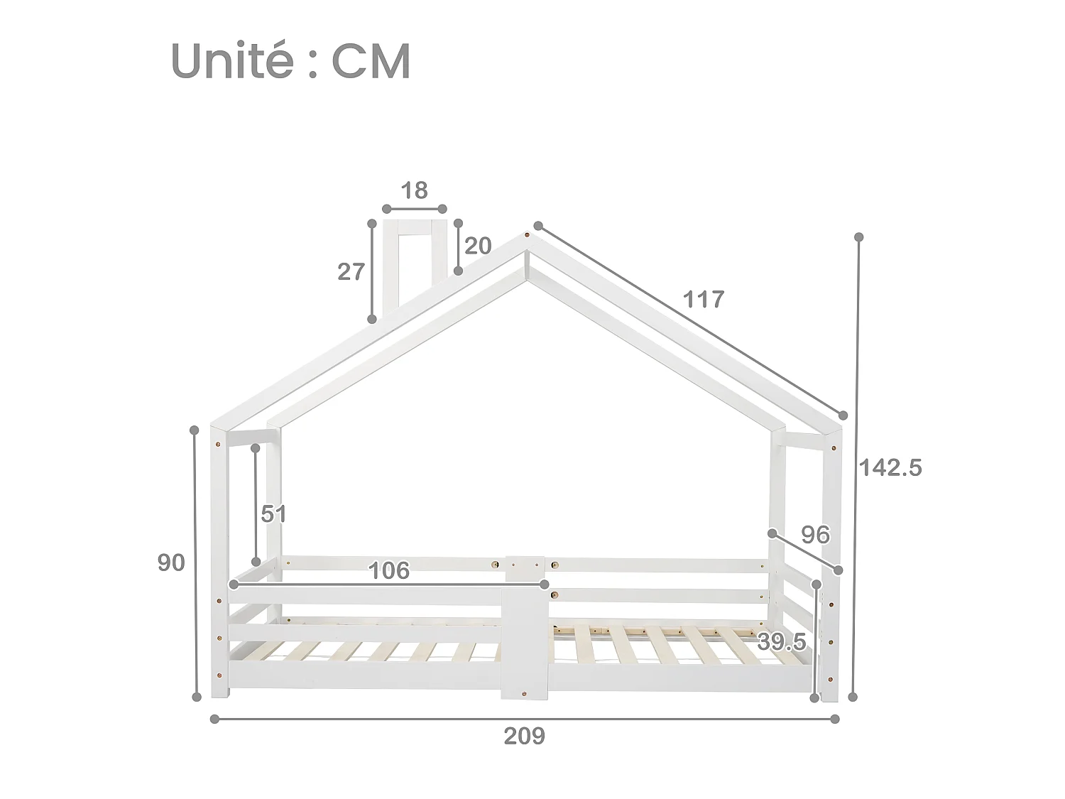 Lit Enfants 90 x 200 cm - Maison En Bois Massif - Avec Sommier 15 Lattes Et Garde-Corps 4 Faces - Sans Matelas - Avec Cheminée - Blanc