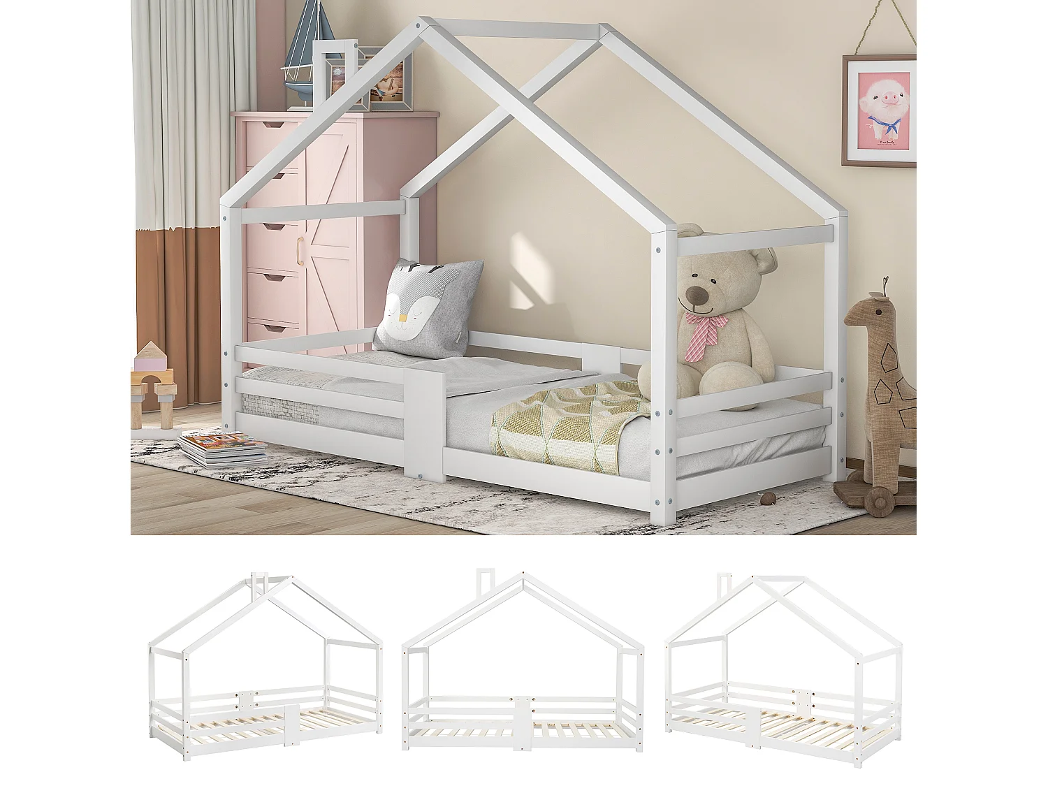 Lit Enfants 90 x 200 cm - Maison En Bois Massif - Avec Sommier 15 Lattes Et Garde-Corps 4 Faces - Sans Matelas - Avec Cheminée - Blanc