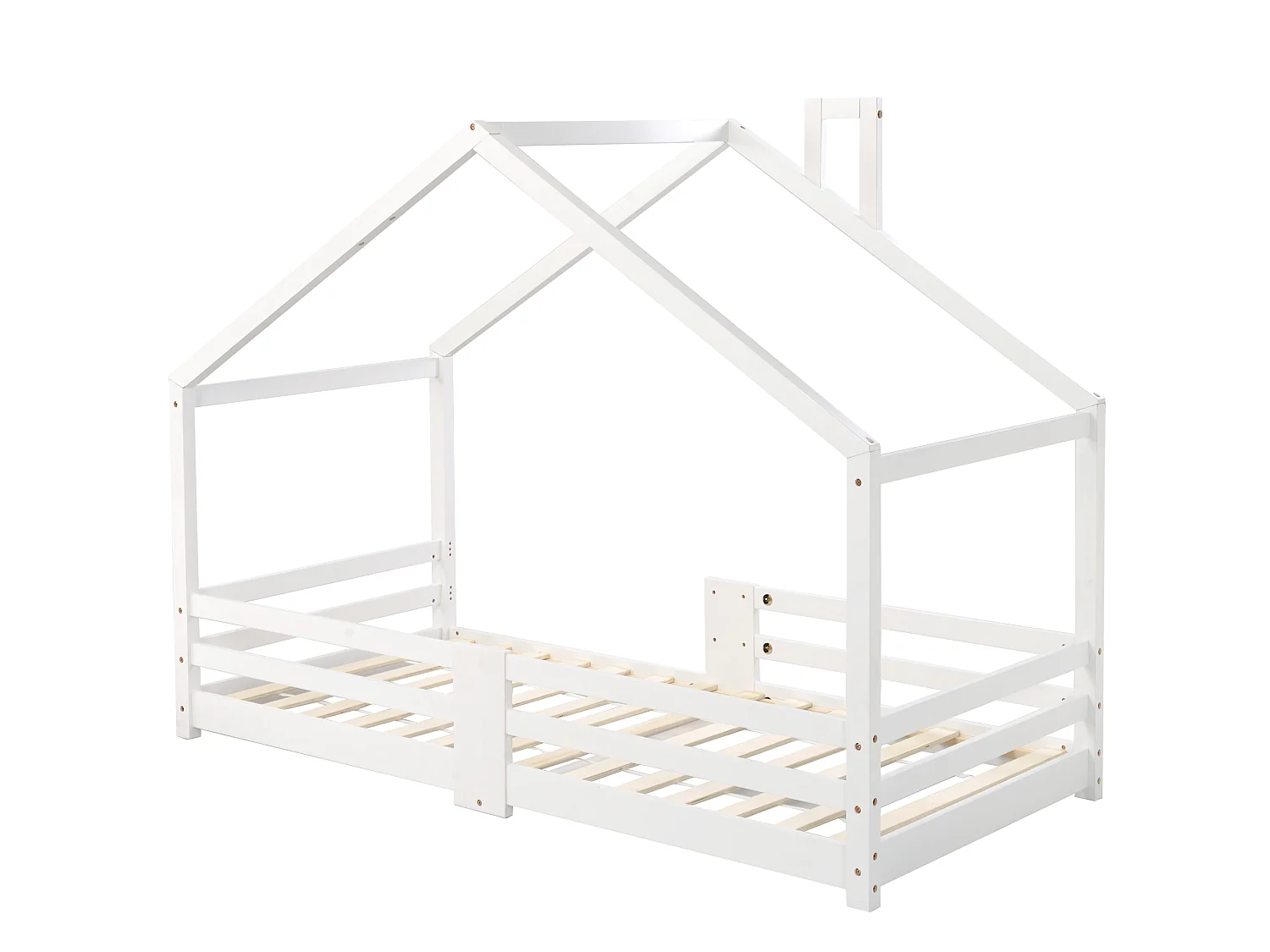 Lit Enfants 90 x 200 cm - Maison En Bois Massif - Avec Sommier 15 Lattes Et Garde-Corps 4 Faces - Sans Matelas - Avec Cheminée - Blanc
