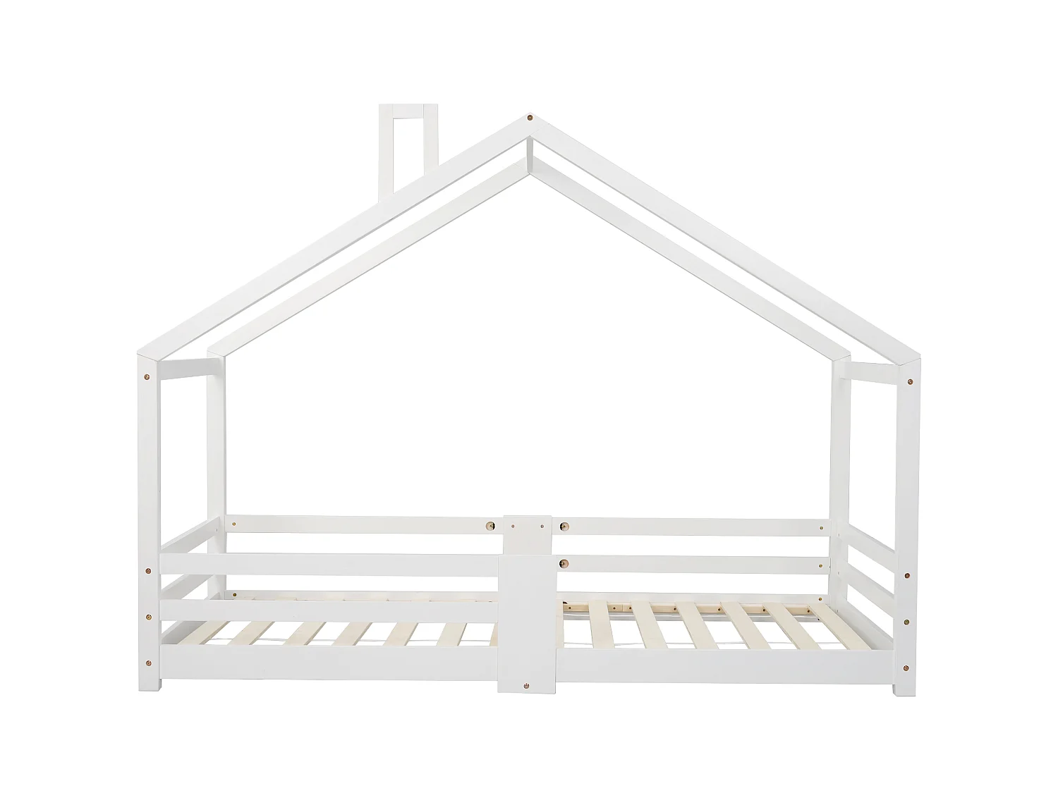Lit Enfants 90 x 200 cm - Maison En Bois Massif - Avec Sommier 15 Lattes Et Garde-Corps 4 Faces - Sans Matelas - Avec Cheminée - Blanc