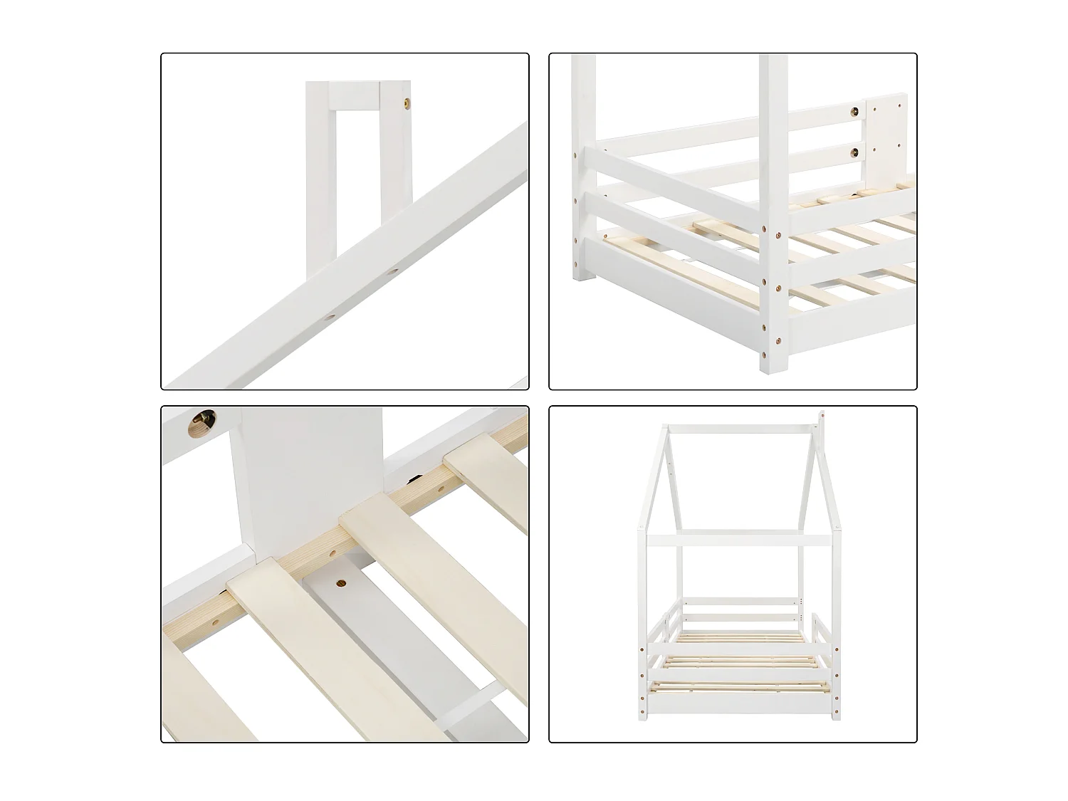 Lit Enfants 90 x 200 cm - Maison En Bois Massif - Avec Sommier 15 Lattes Et Garde-Corps 4 Faces - Sans Matelas - Avec Cheminée - Blanc