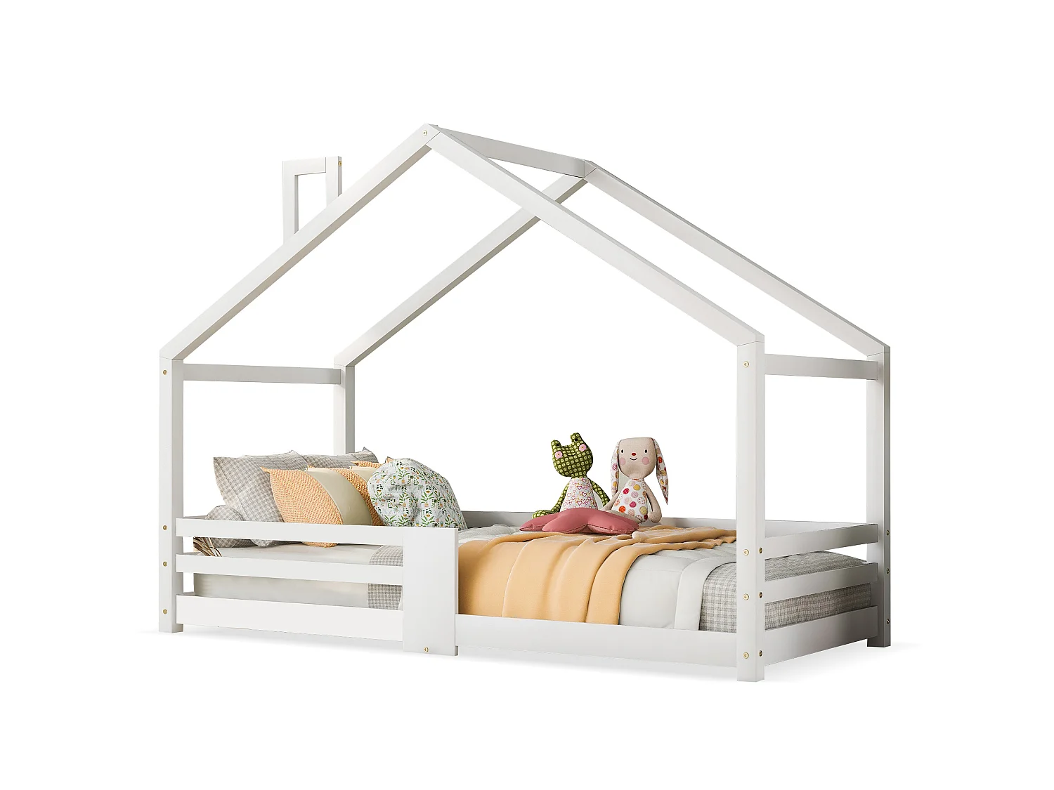 Lit Enfants 90 x 200 cm - Maison En Bois Massif - Avec Sommier 15 Lattes Et Garde-Corps 4 Faces - Sans Matelas - Avec Cheminée - Blanc