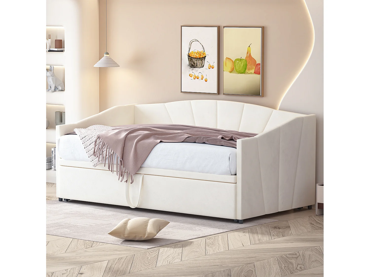 Lit 90 x 200 / 180 x 200 cm - Lit Convertible Extensible Avec Accoudoirs Et Sommier À Lattes - En Tissu Velours - Beige - Sans Matelas