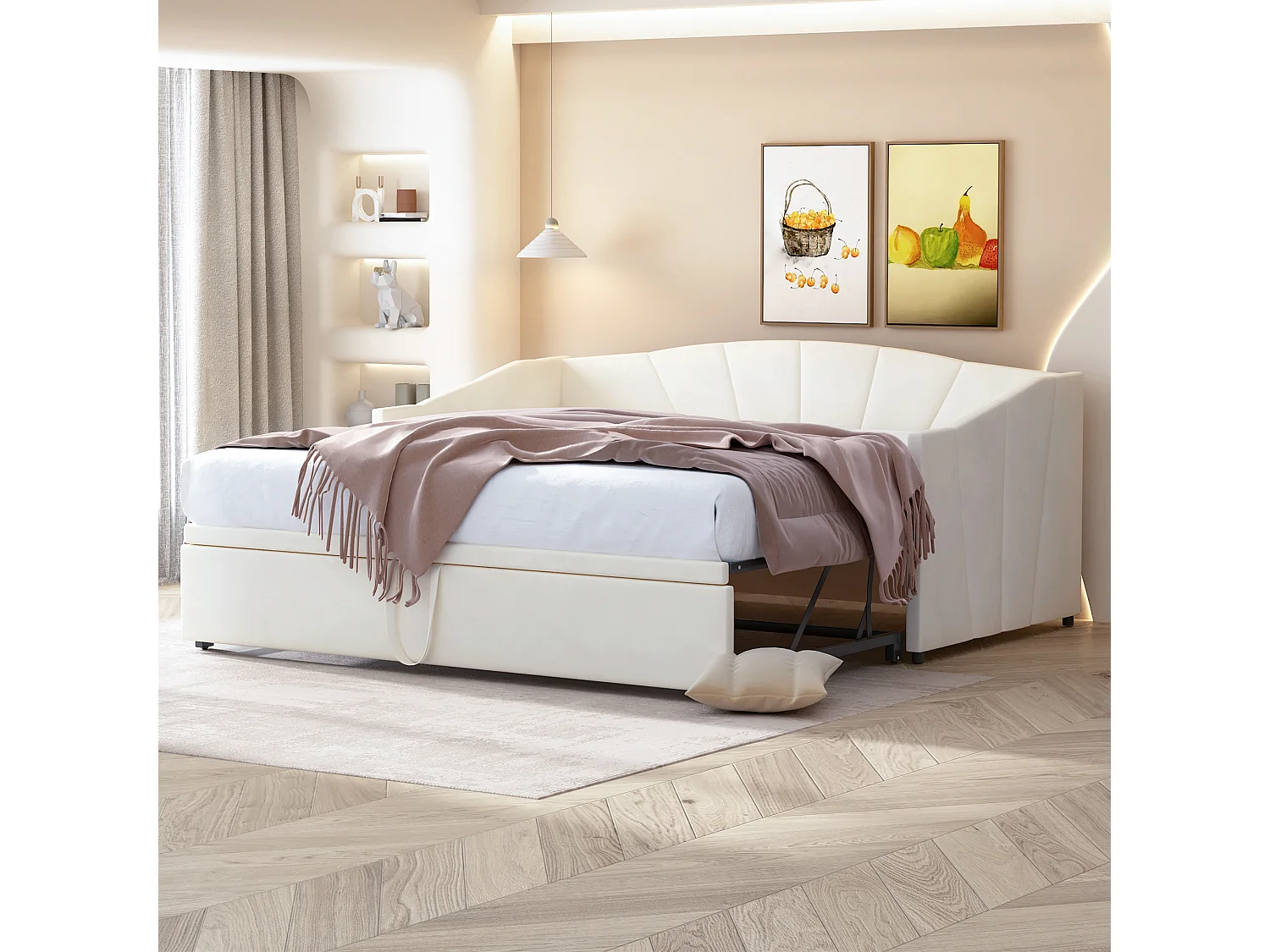 Lit 90 x 200 / 180 x 200 cm - Lit Convertible Extensible Avec Accoudoirs Et Sommier À Lattes - En Tissu Velours - Beige - Sans Matelas