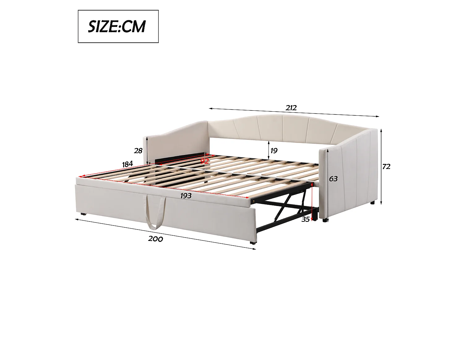 Lit 90 x 200 / 180 x 200 cm - Lit Convertible Extensible Avec Accoudoirs Et Sommier À Lattes - En Tissu Velours - Beige - Sans Matelas