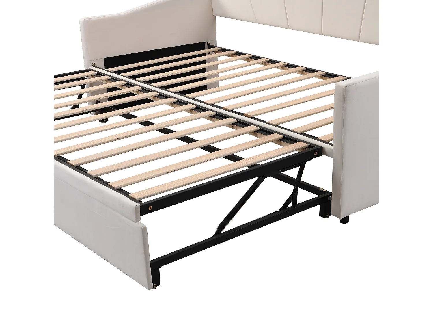 Lit 90 x 200 / 180 x 200 cm - Lit Convertible Extensible Avec Accoudoirs Et Sommier À Lattes - En Tissu Velours - Beige - Sans Matelas
