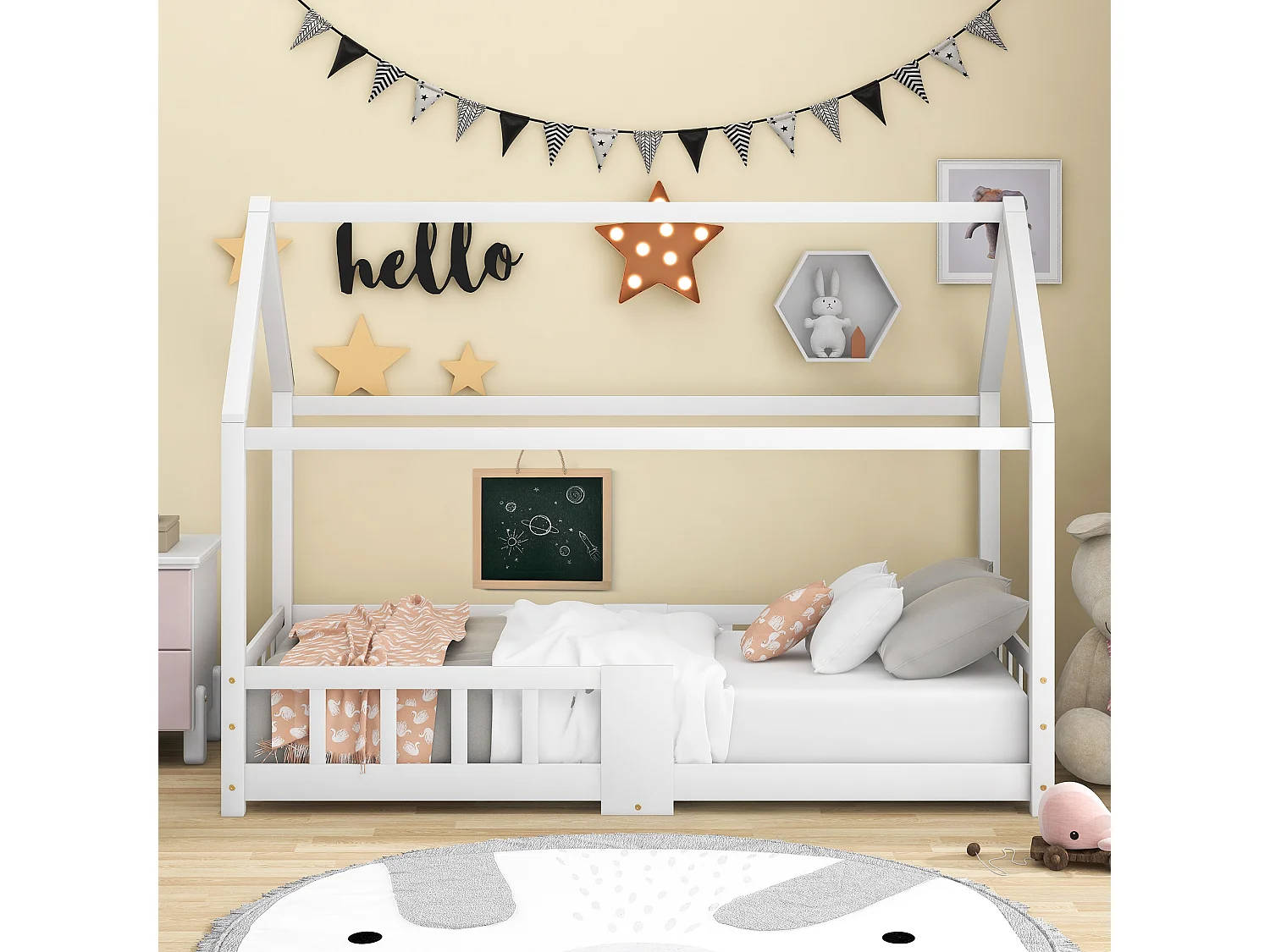 Lit enfants 90 x 200 cm - Lit Maison Avec Ardoise 42 x 35 cm - En Pin Massif - Sommier 15 Lattes & Barrière Anti-Chute - Blanc