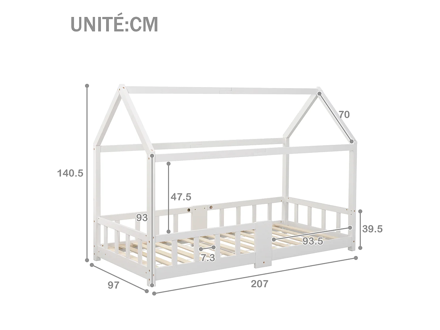 Lit enfants 90 x 200 cm - Lit Maison Avec Ardoise 42 x 35 cm - En Pin Massif - Sommier 15 Lattes & Barrière Anti-Chute - Blanc