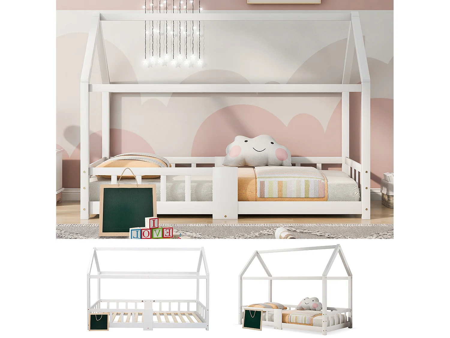 Lit enfants 90 x 200 cm - Lit Maison Avec Ardoise 42 x 35 cm - En Pin Massif - Sommier 15 Lattes & Barrière Anti-Chute - Blanc