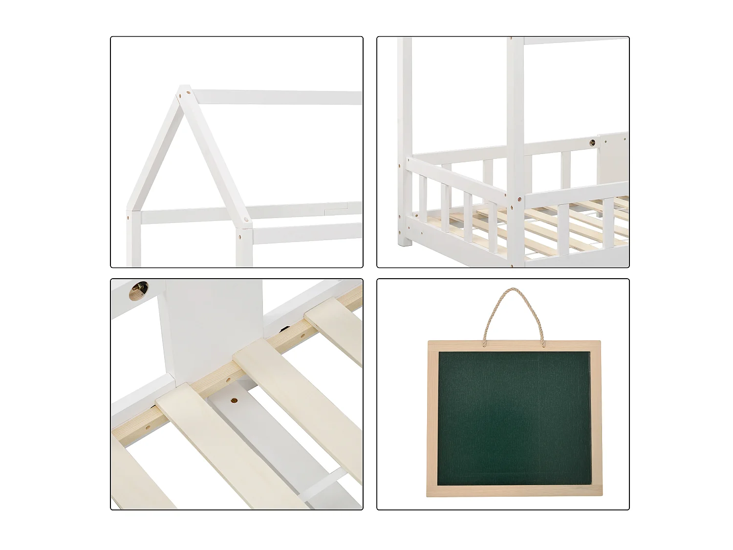 Lit enfants 90 x 200 cm - Lit Maison Avec Ardoise 42 x 35 cm - En Pin Massif - Sommier 15 Lattes & Barrière Anti-Chute - Blanc