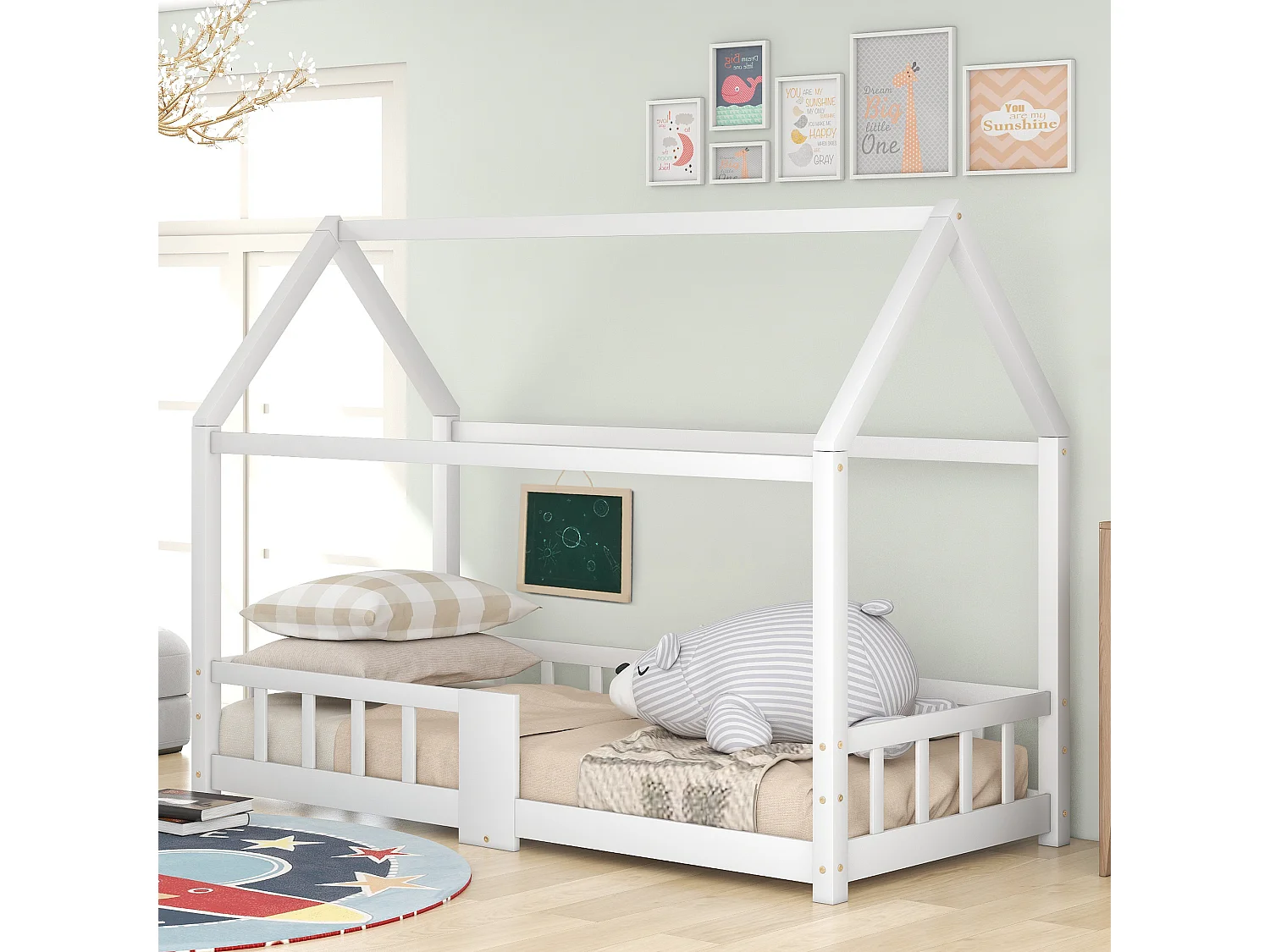 Lit enfants 90 x 200 cm - Lit Maison Avec Ardoise 42 x 35 cm - En Pin Massif - Sommier 15 Lattes & Barrière Anti-Chute - Blanc