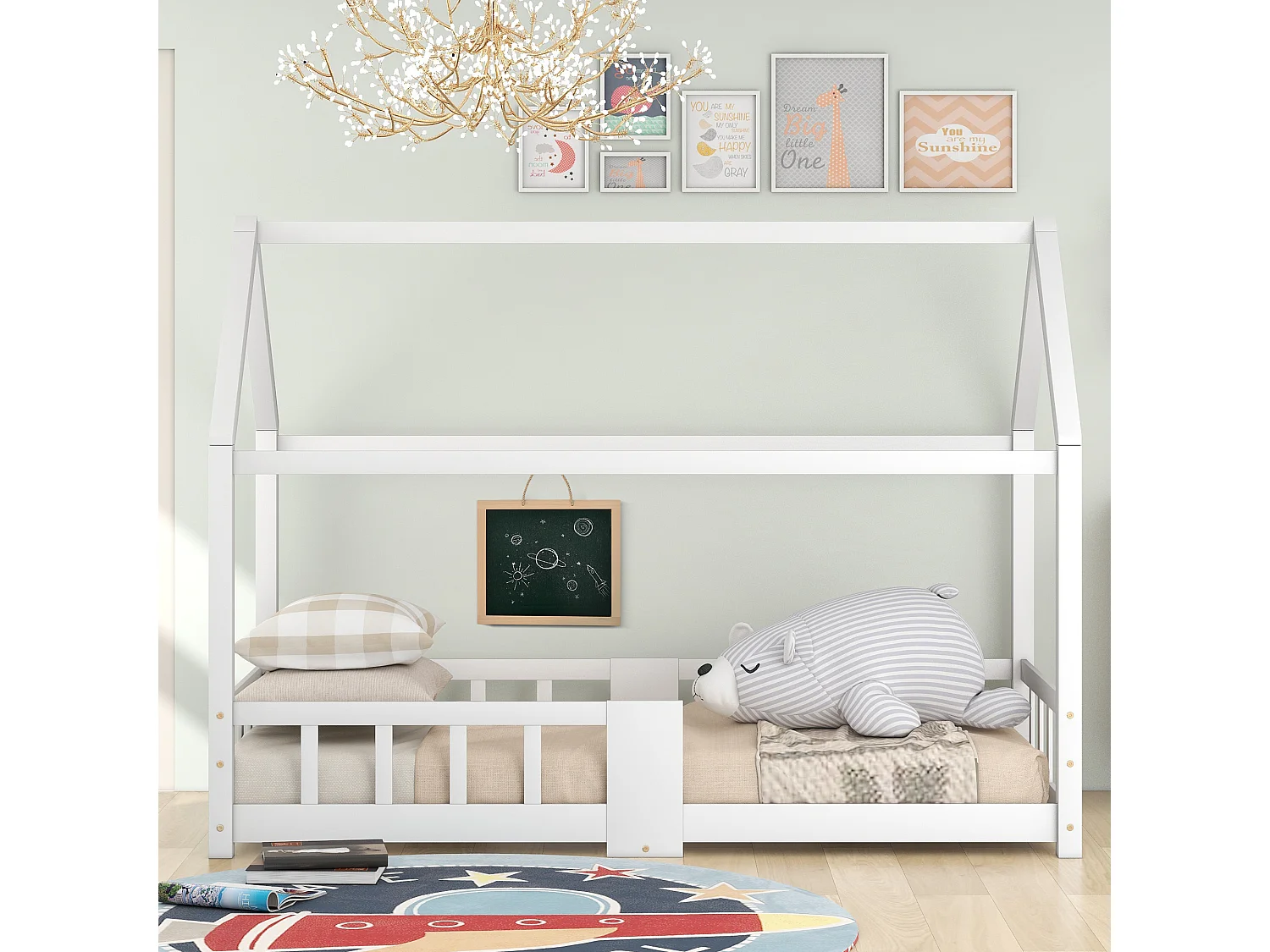 Lit enfants 90 x 200 cm - Lit Maison Avec Ardoise 42 x 35 cm - En Pin Massif - Sommier 15 Lattes & Barrière Anti-Chute - Blanc