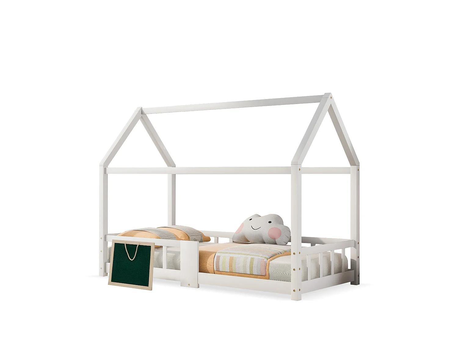 Lit enfants 90 x 200 cm - Lit Maison Avec Ardoise 42 x 35 cm - En Pin Massif - Sommier 15 Lattes & Barrière Anti-Chute - Blanc