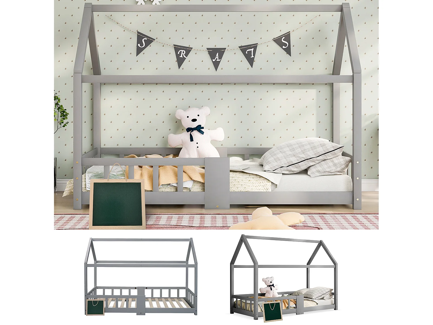 Lit enfants 90 x 200 cm - Lit Maison en Bois Massif (Pin) - 15 Lattes Rigides, Ardoise 42 x 35 cm - Gris - Sans matelas