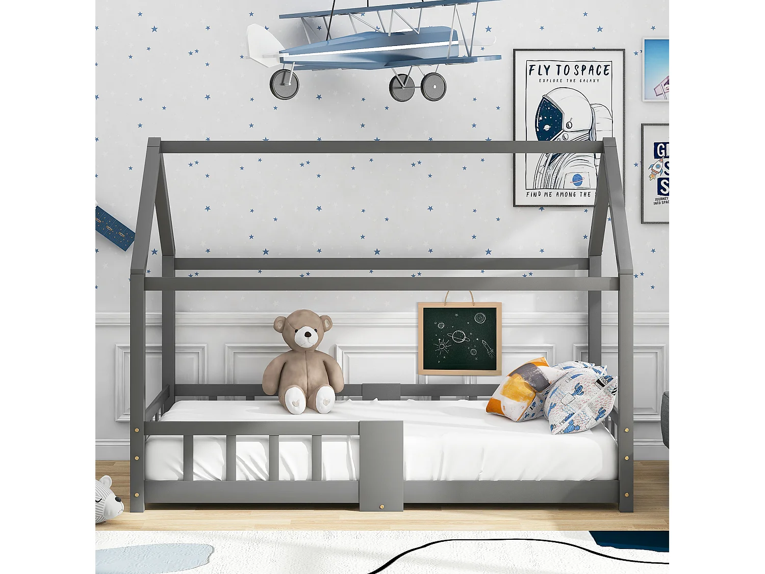 Lit enfants 90 x 200 cm - Lit Maison en Bois Massif (Pin) - 15 Lattes Rigides, Ardoise 42 x 35 cm - Gris - Sans matelas