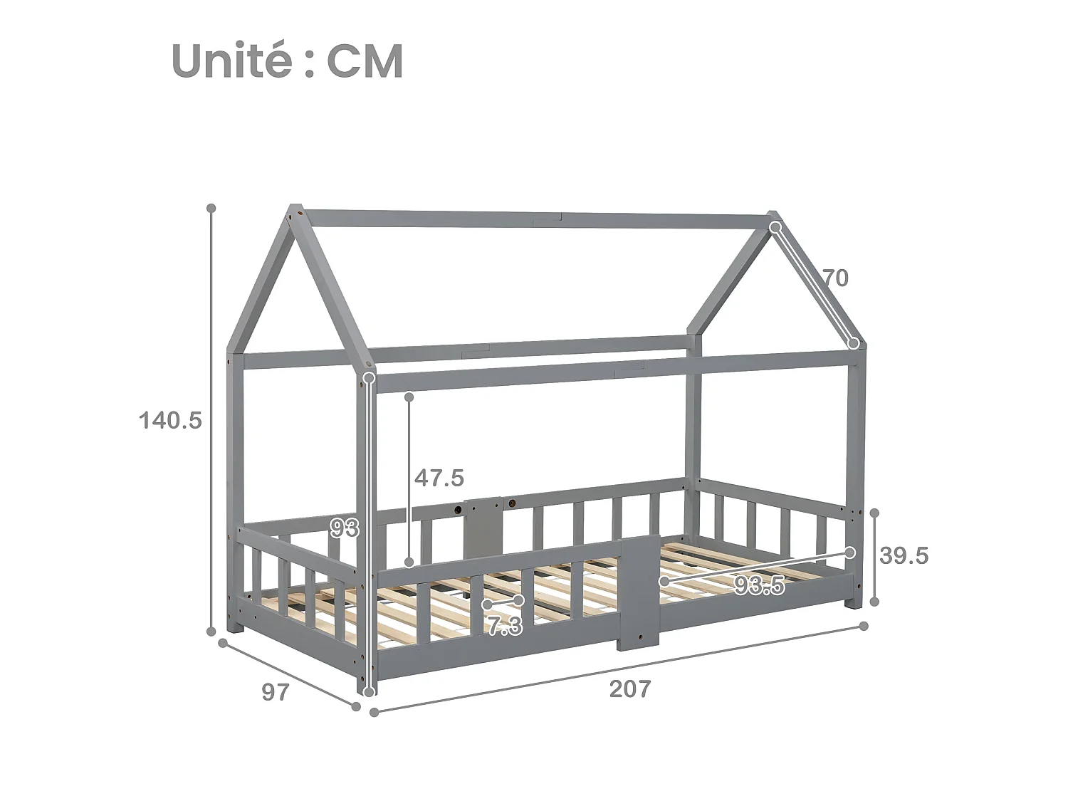 Lit enfants 90 x 200 cm - Lit Maison en Bois Massif (Pin) - 15 Lattes Rigides, Ardoise 42 x 35 cm - Gris - Sans matelas