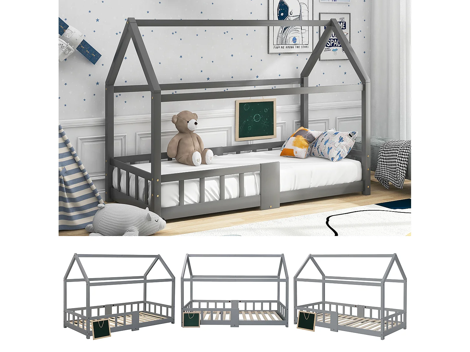 Lit enfants 90 x 200 cm - Lit Maison en Bois Massif (Pin) - 15 Lattes Rigides, Ardoise 42 x 35 cm - Gris - Sans matelas
