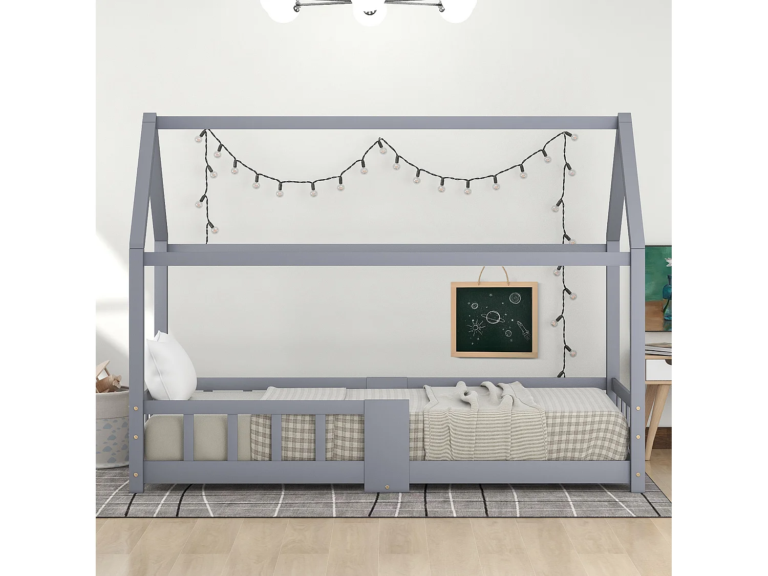 Lit enfants 90 x 200 cm - Lit Maison en Bois Massif (Pin) - 15 Lattes Rigides, Ardoise 42 x 35 cm - Gris - Sans matelas