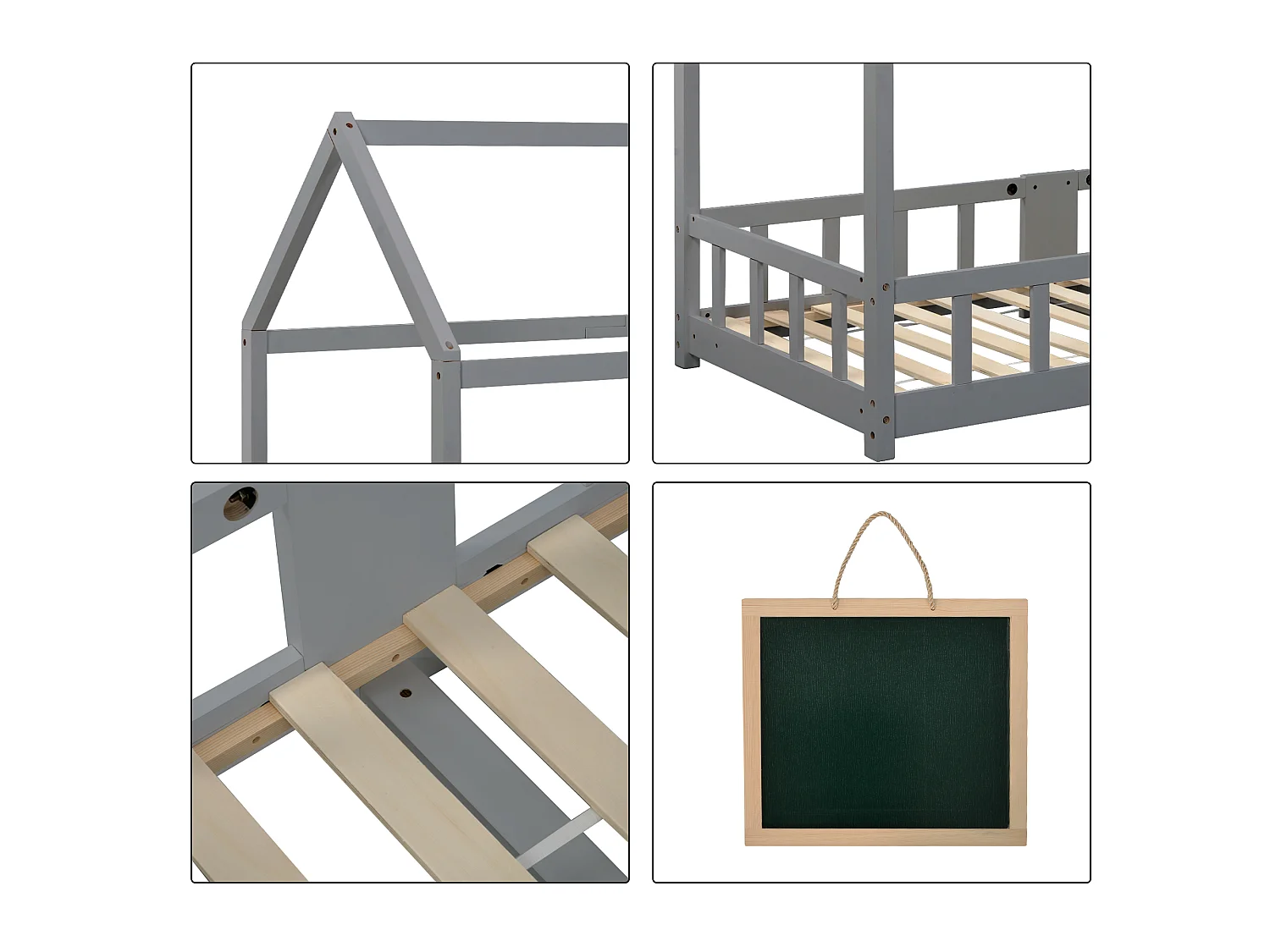 Lit enfants 90 x 200 cm - Lit Maison en Bois Massif (Pin) - 15 Lattes Rigides, Ardoise 42 x 35 cm - Gris - Sans matelas