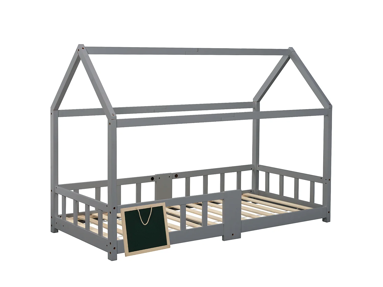 Lit enfants 90 x 200 cm - Lit Maison en Bois Massif (Pin) - 15 Lattes Rigides, Ardoise 42 x 35 cm - Gris - Sans matelas