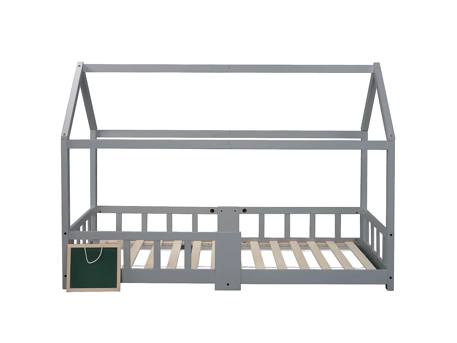 Lit enfants 90 x 200 cm - Lit Maison en Bois Massif (Pin) - 15 Lattes Rigides, Ardoise 42 x 35 cm - Gris - Sans matelas