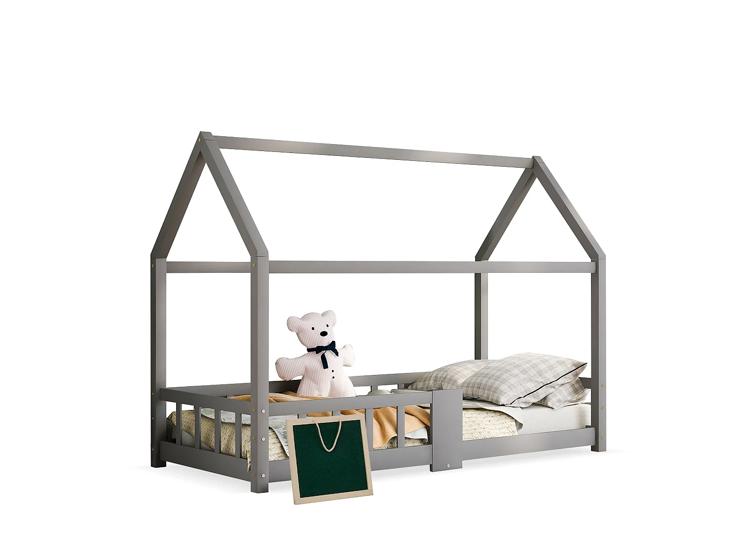 Lit enfants 90 x 200 cm - Lit Maison en Bois Massif (Pin) - 15 Lattes Rigides, Ardoise 42 x 35 cm - Gris - Sans matelas